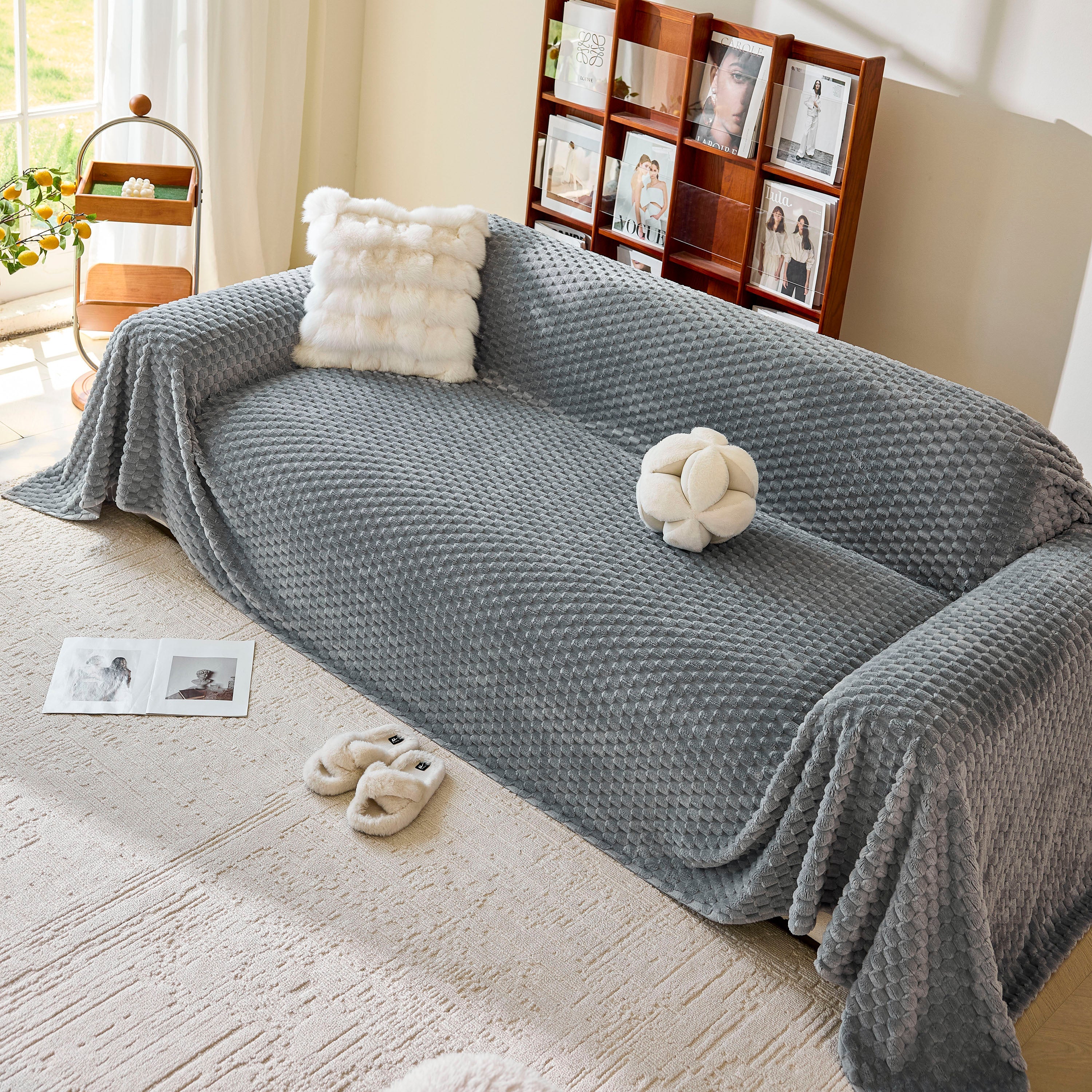 Thick Plush Non-Slip Sofa Throw Cover, Warm Soft Faux Fur Couch Protector for Winter