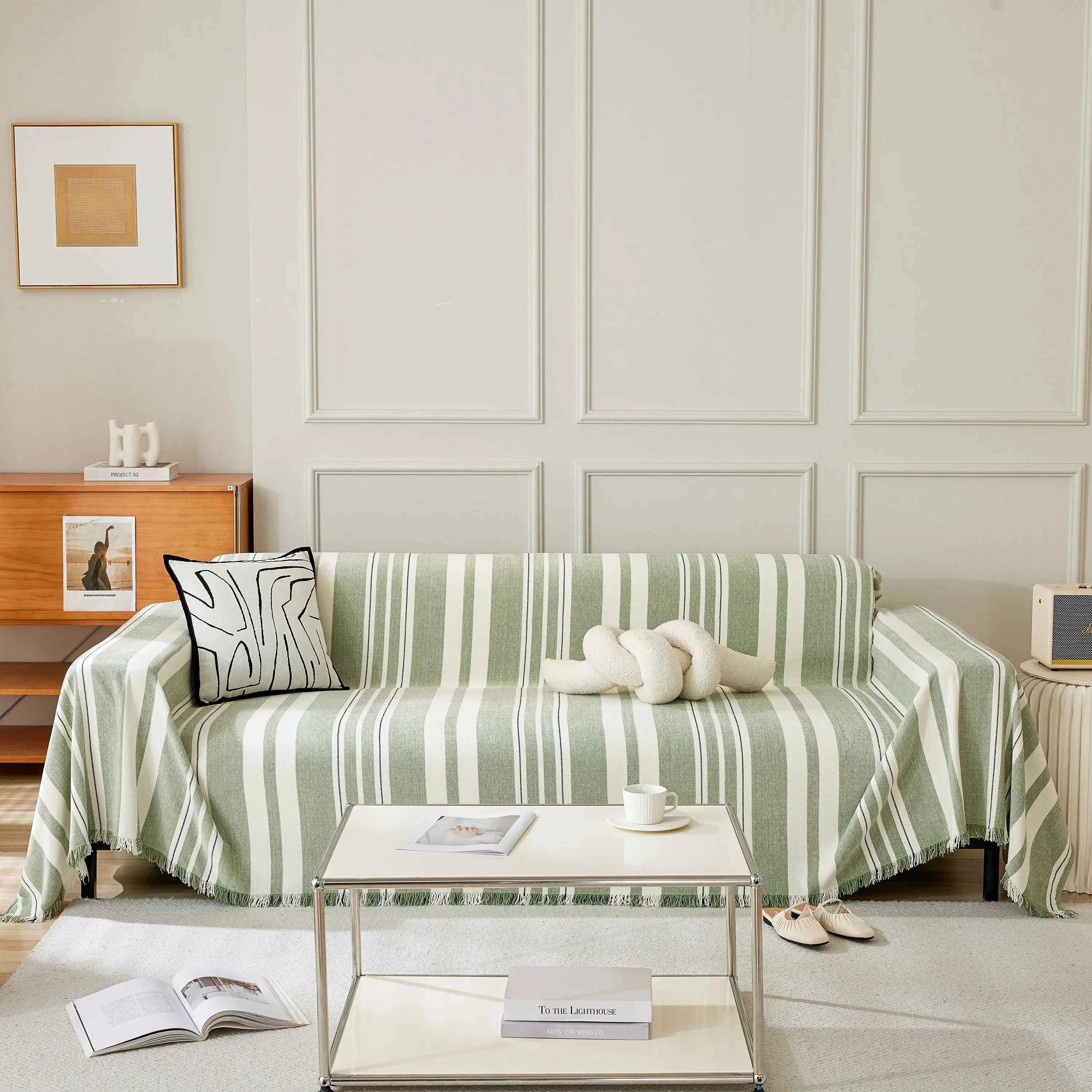 Striped Chenille Sofa Slipcover Throw, Soft Thick Washable Couch Cover Blanket
