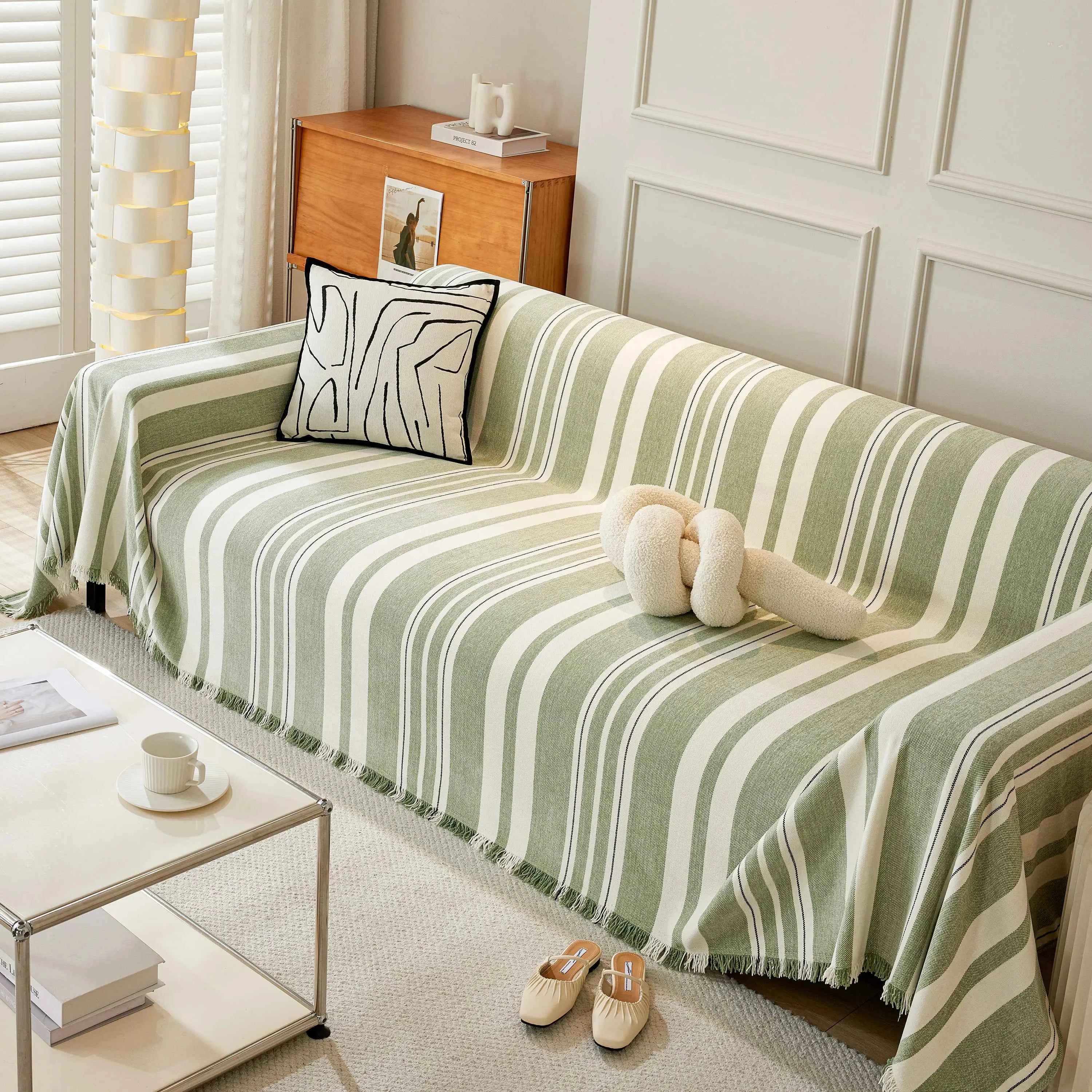 Striped Chenille Sofa Slipcover Throw, Soft Thick Washable Couch Cover Blanket