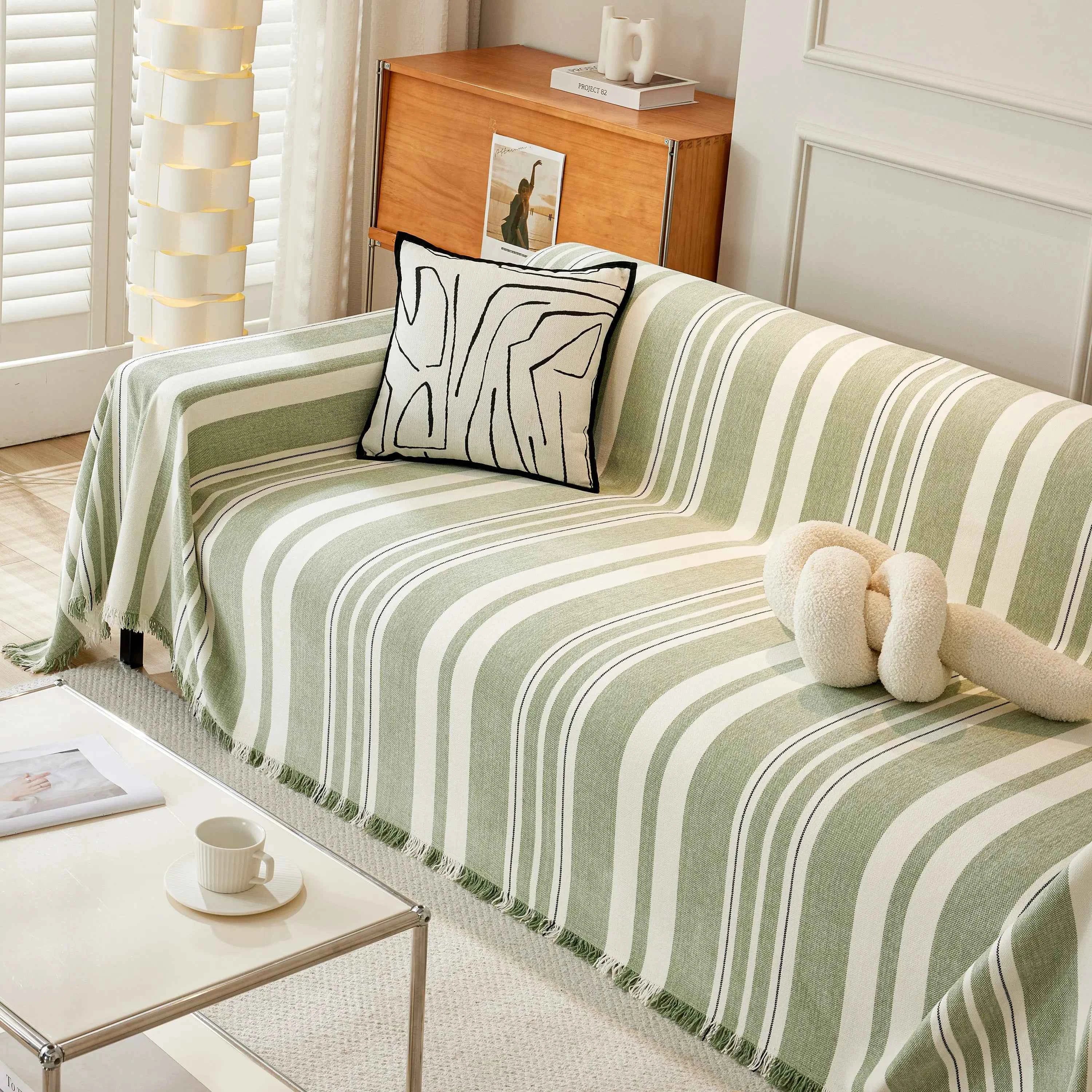 Striped Chenille Sofa Slipcover Throw, Soft Thick Washable Couch Cover Blanket