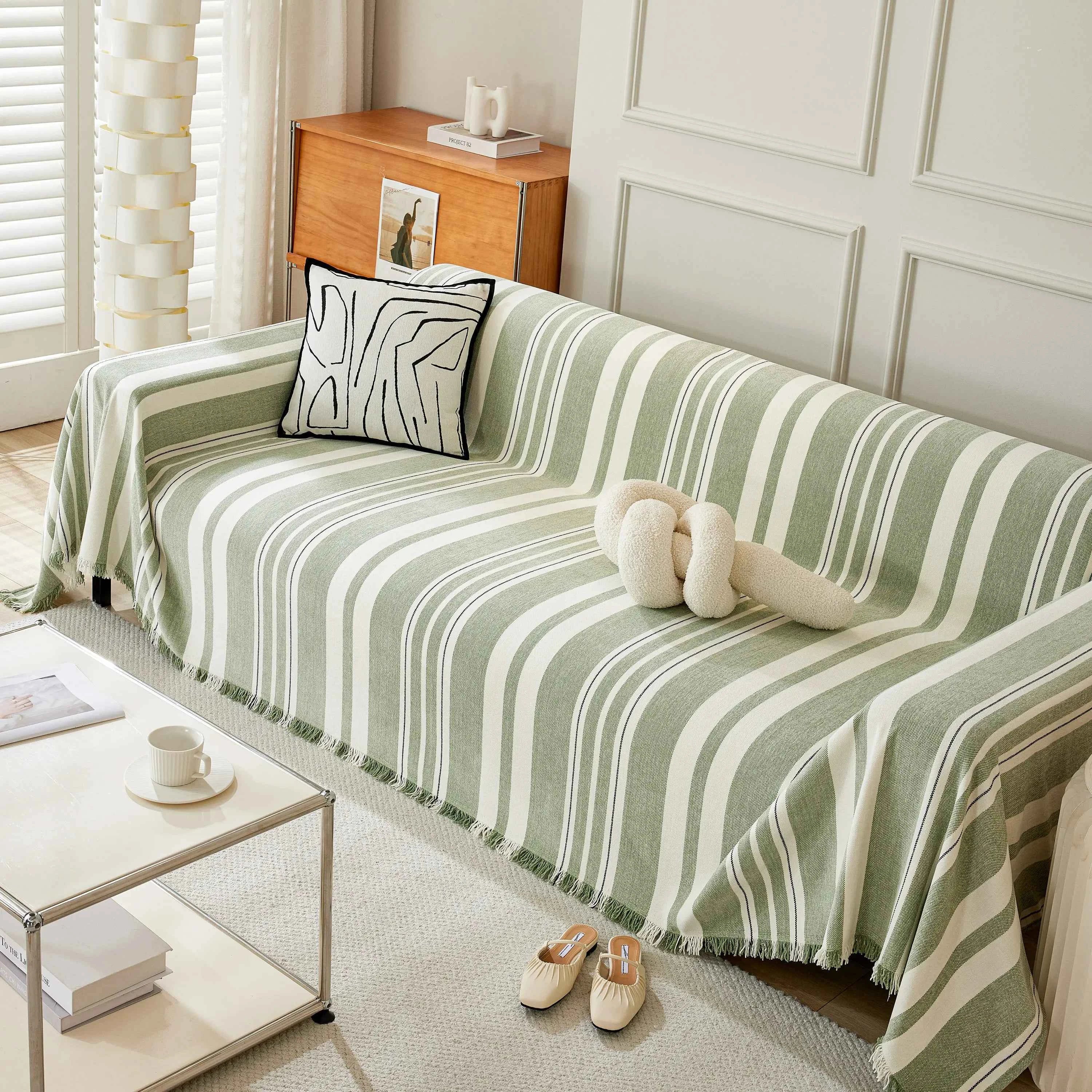 Striped Chenille Sofa Slipcover Throw, Soft Thick Washable Couch Cover Blanket