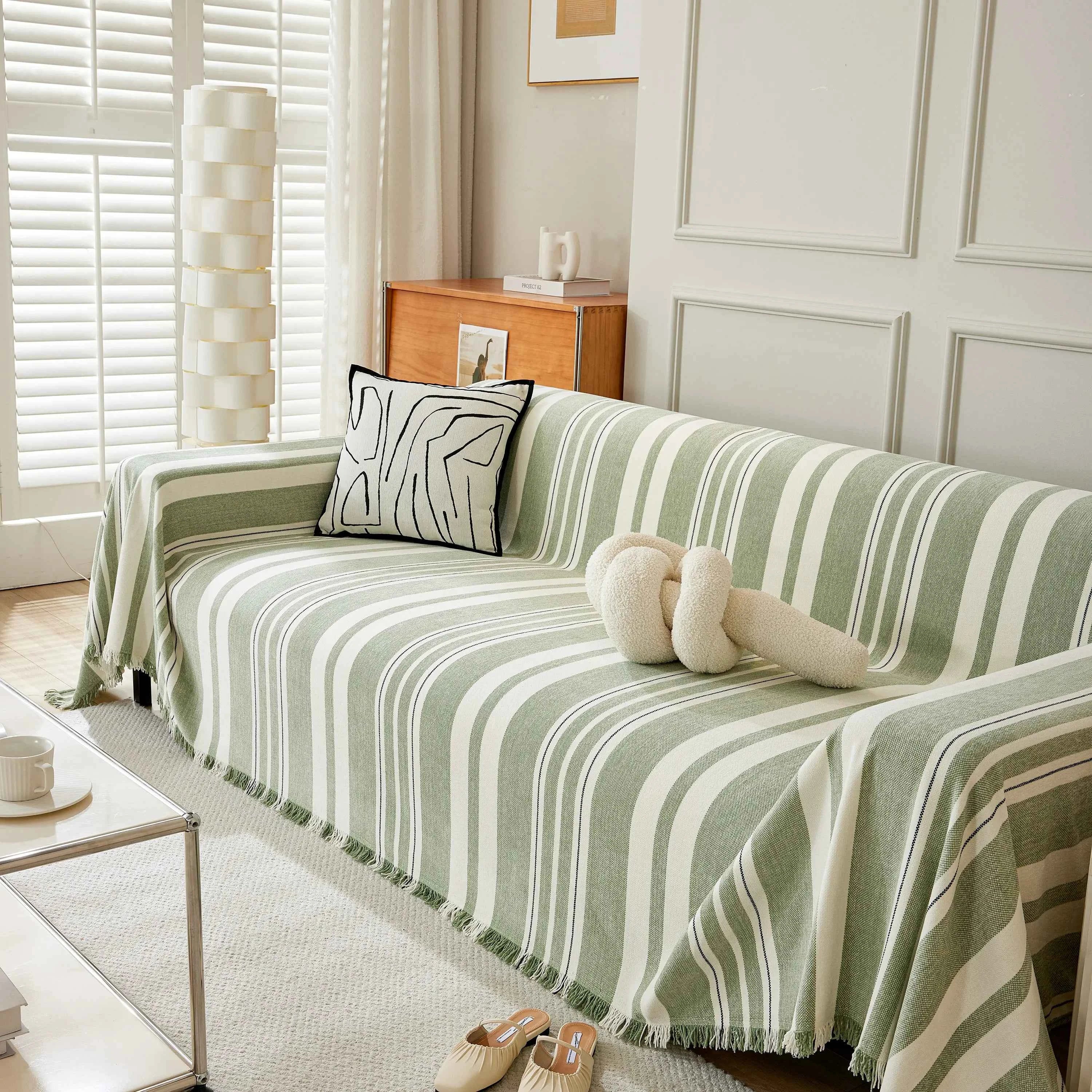 Striped Chenille Sofa Slipcover Throw, Soft Thick Washable Couch Cover Blanket