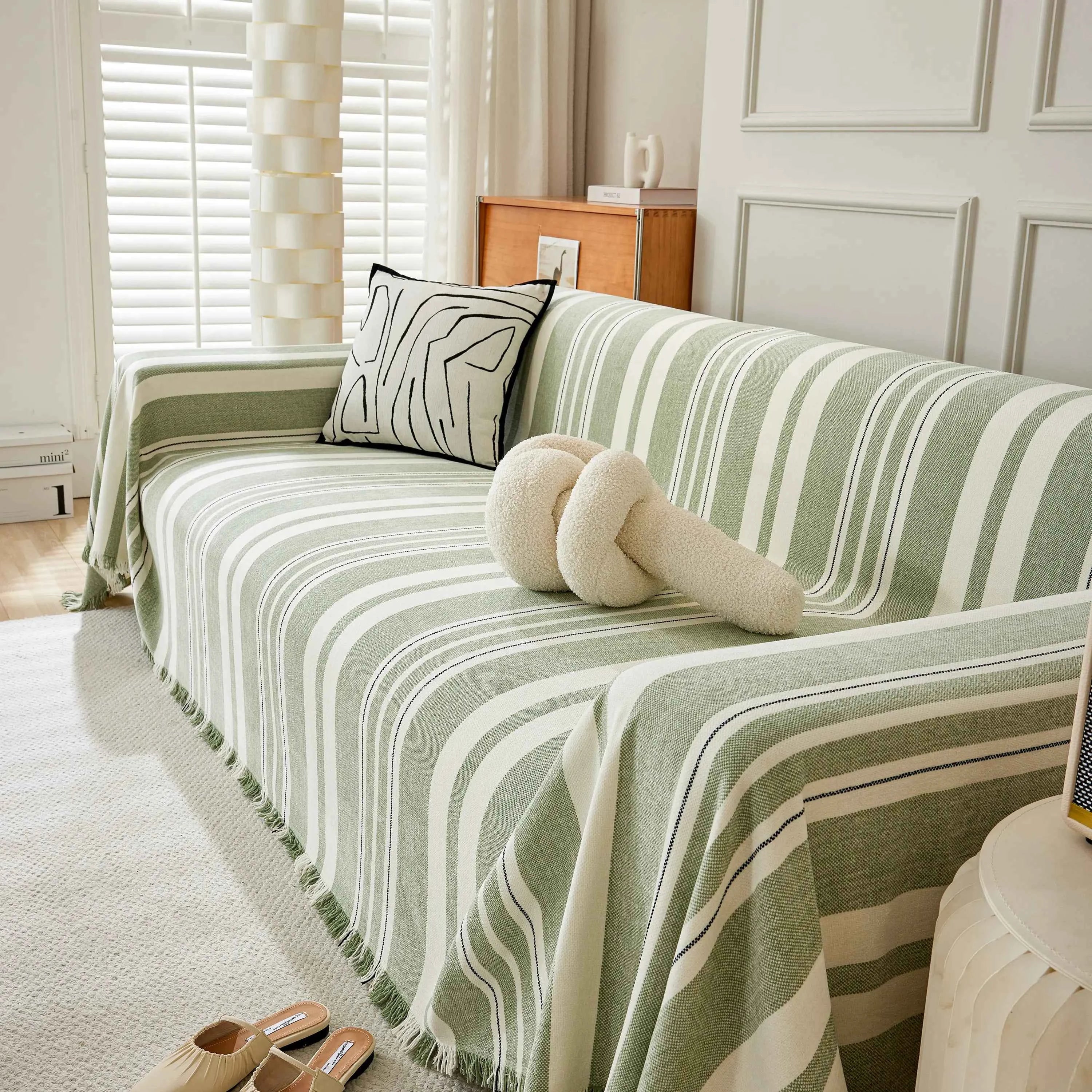 Striped Chenille Sofa Slipcover Throw, Soft Thick Washable Couch Cover Blanket