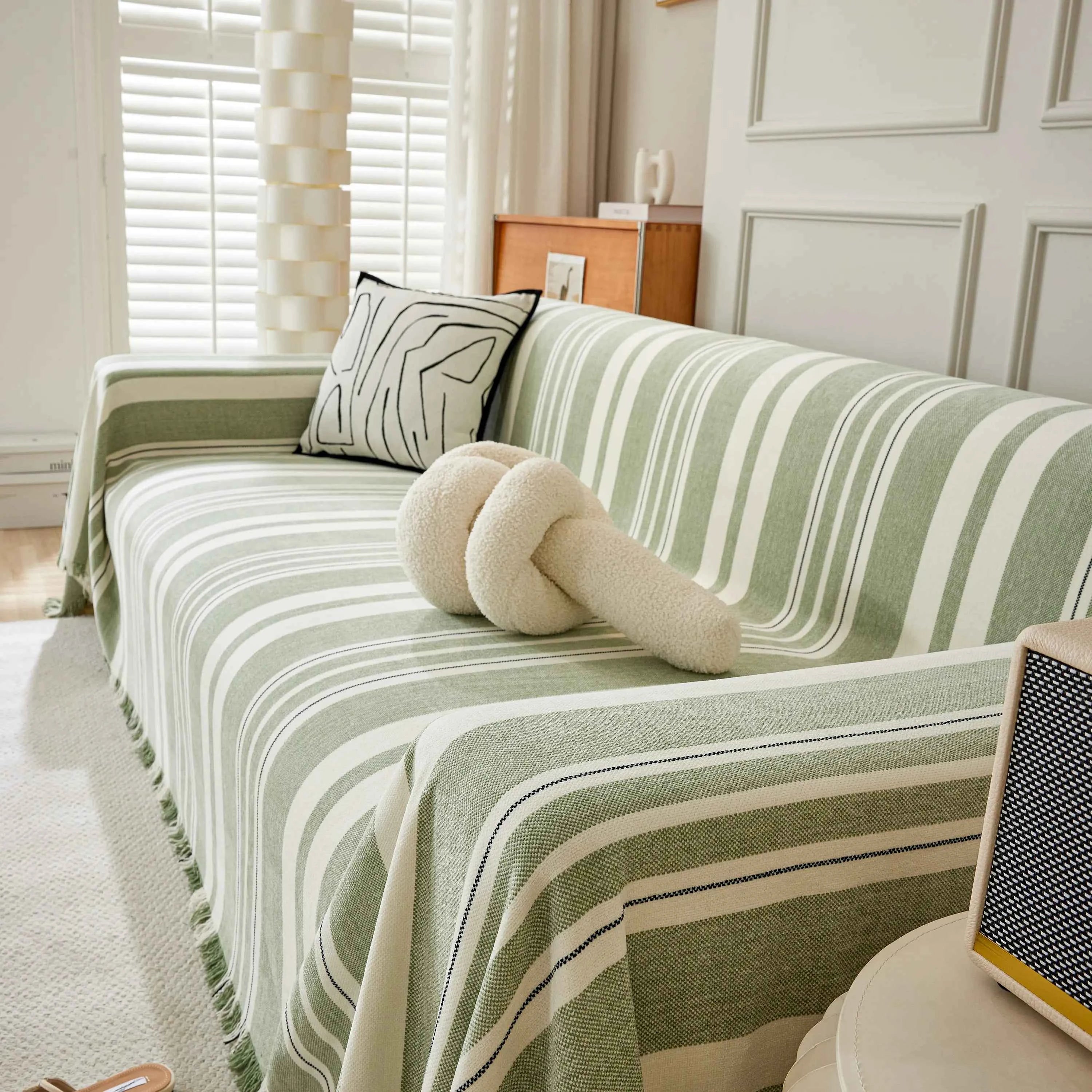 Striped Chenille Sofa Slipcover Throw, Soft Thick Washable Couch Cover Blanket