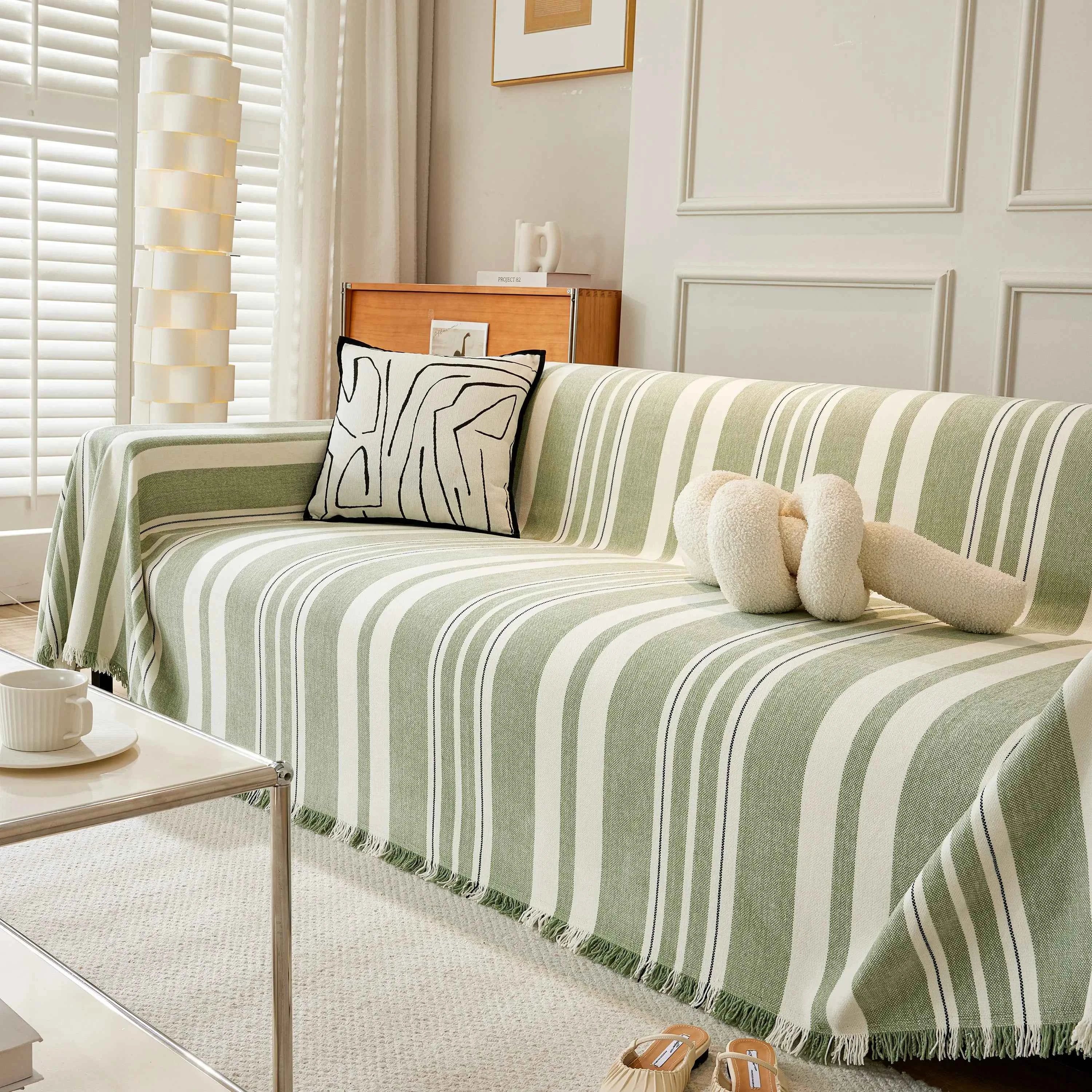 Striped Chenille Sofa Slipcover Throw, Soft Thick Washable Couch Cover Blanket