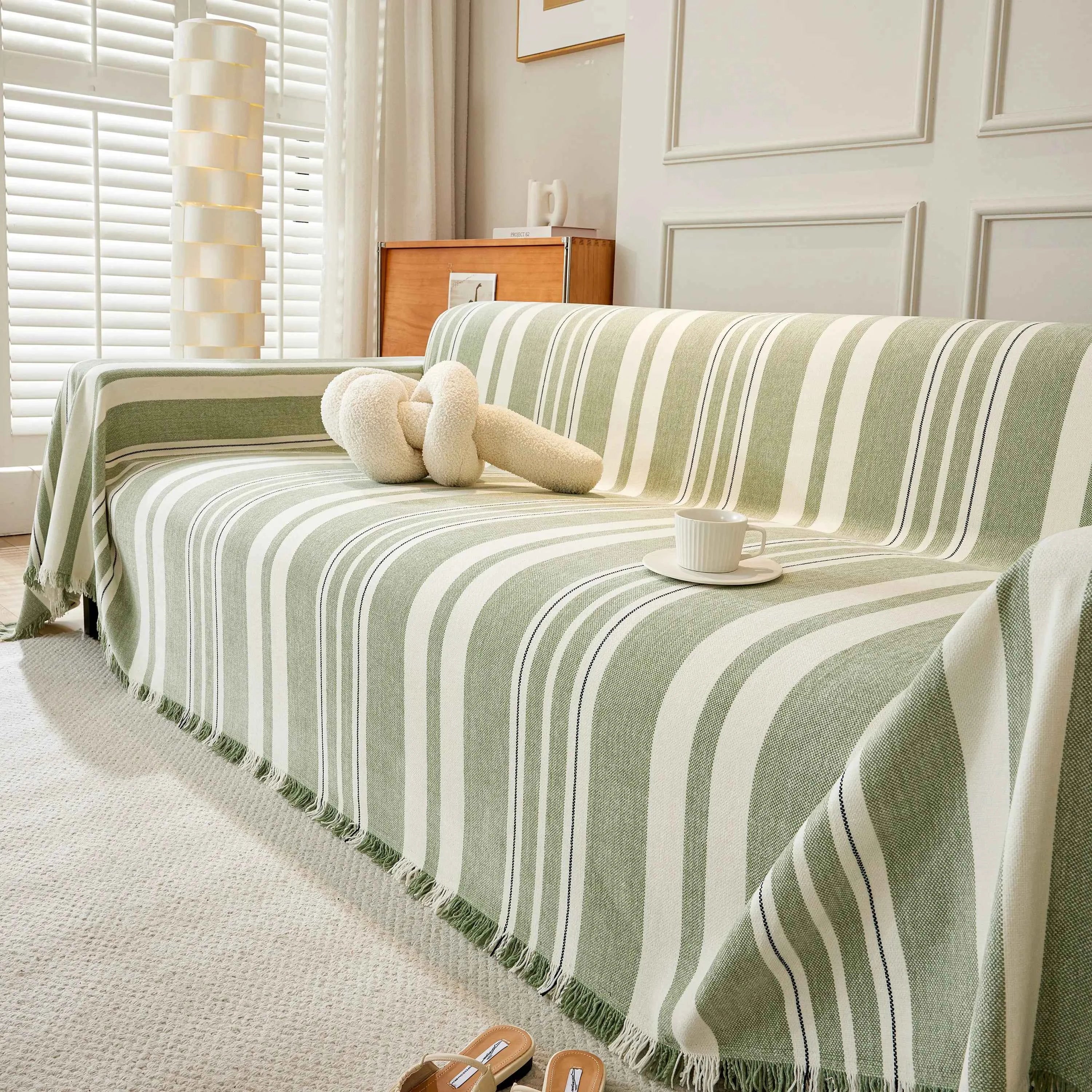 Striped Chenille Sofa Slipcover Throw, Soft Thick Washable Couch Cover Blanket