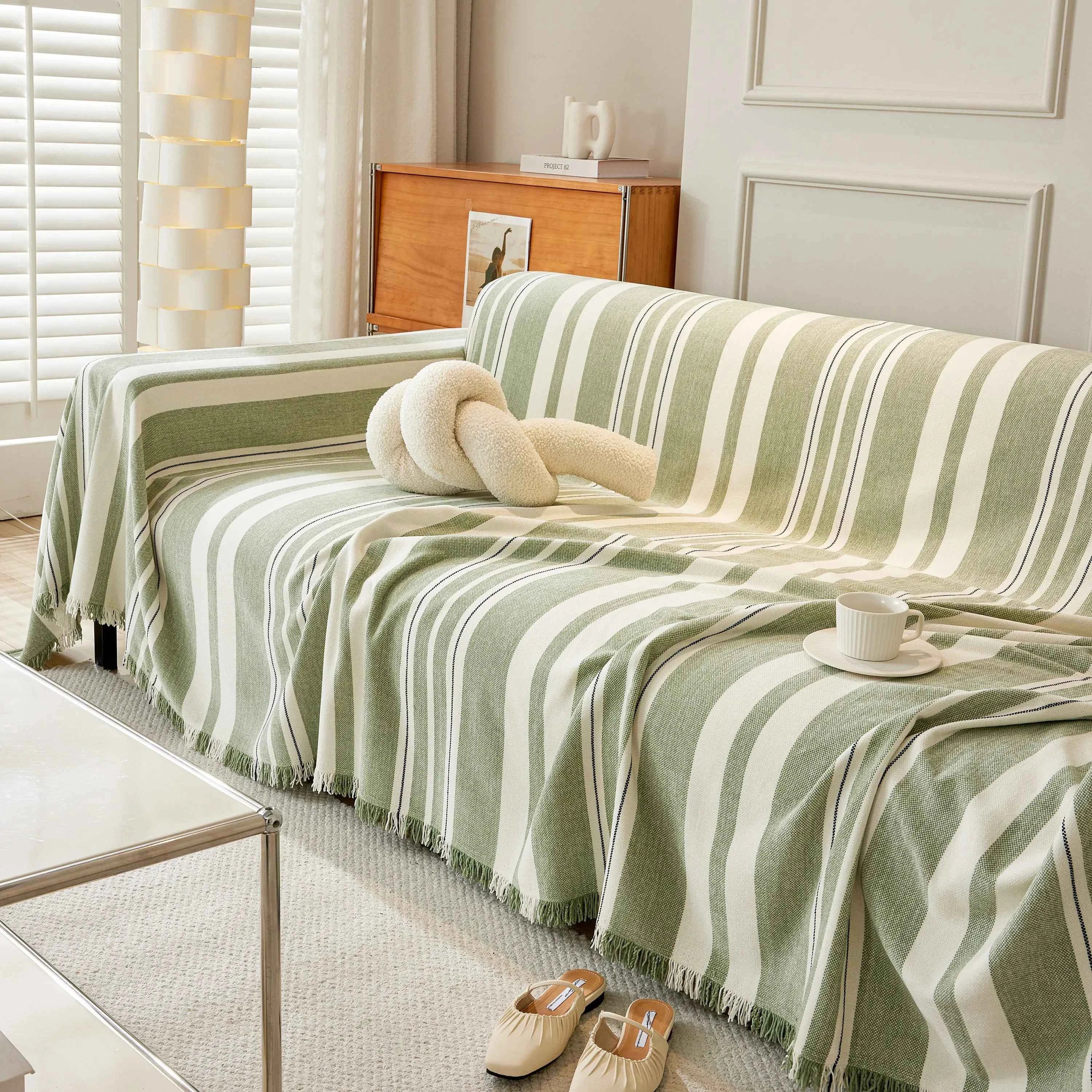 Striped Chenille Sofa Slipcover Throw, Soft Thick Washable Couch Cover Blanket