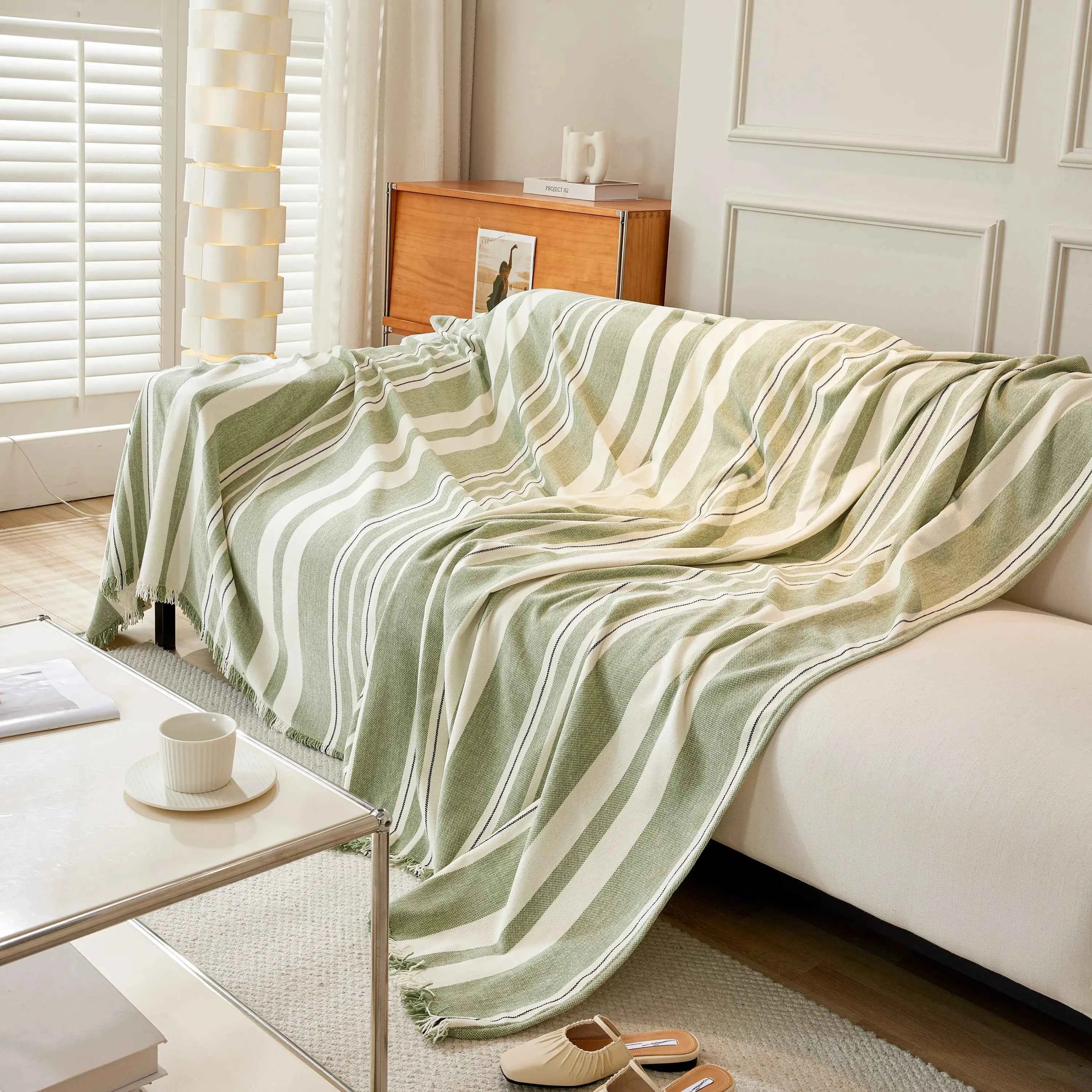 Striped Chenille Sofa Slipcover Throw, Soft Thick Washable Couch Cover Blanket