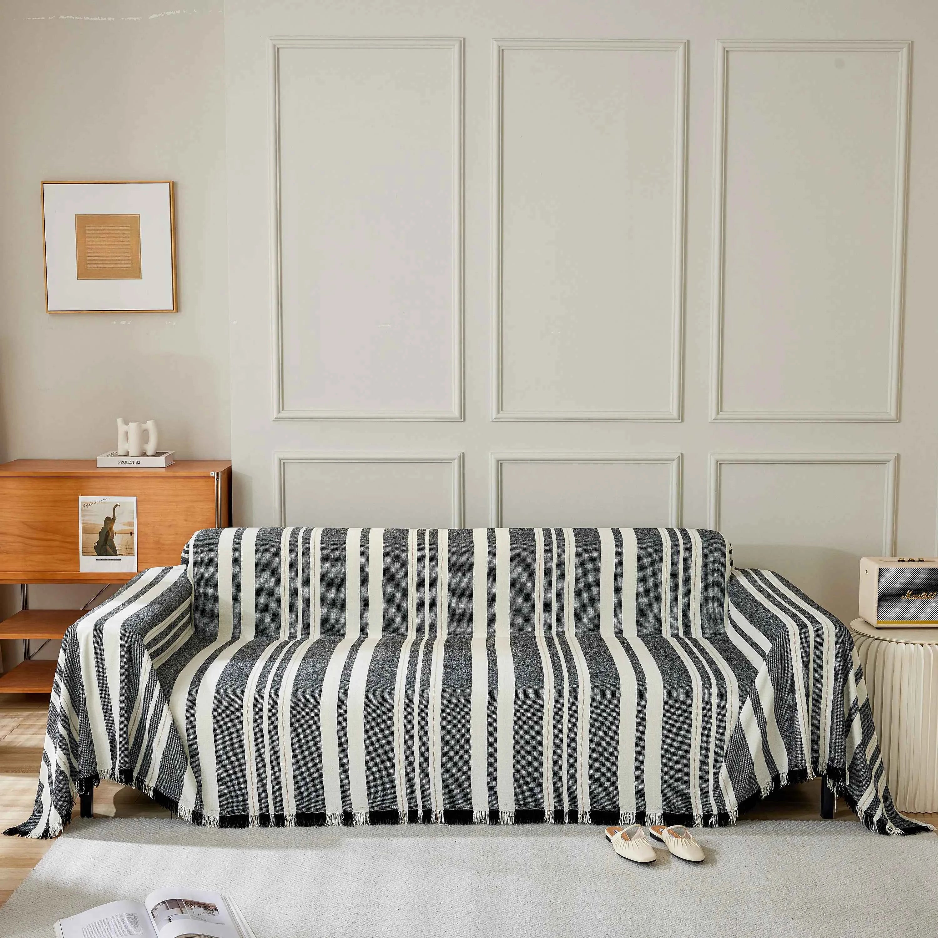 Striped Chenille Sofa Slipcover Throw, Soft Thick Washable Couch Cover Blanket