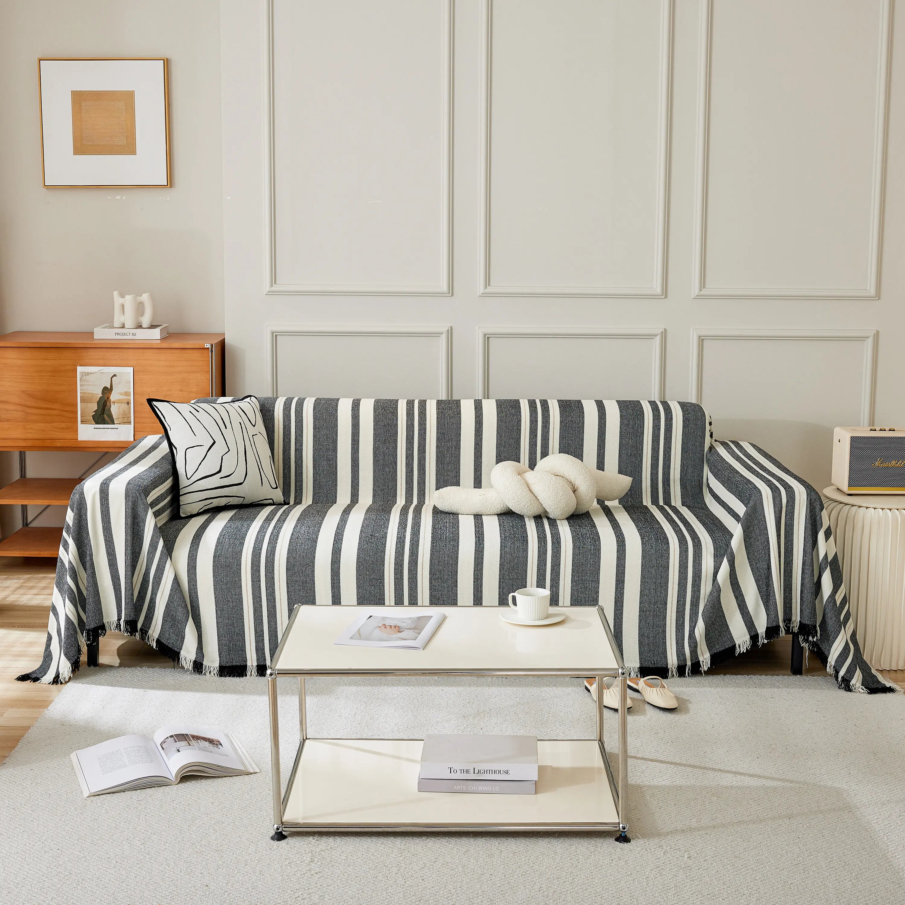 Striped Chenille Sofa Slipcover Throw, Soft Thick Washable Couch Cover Blanket