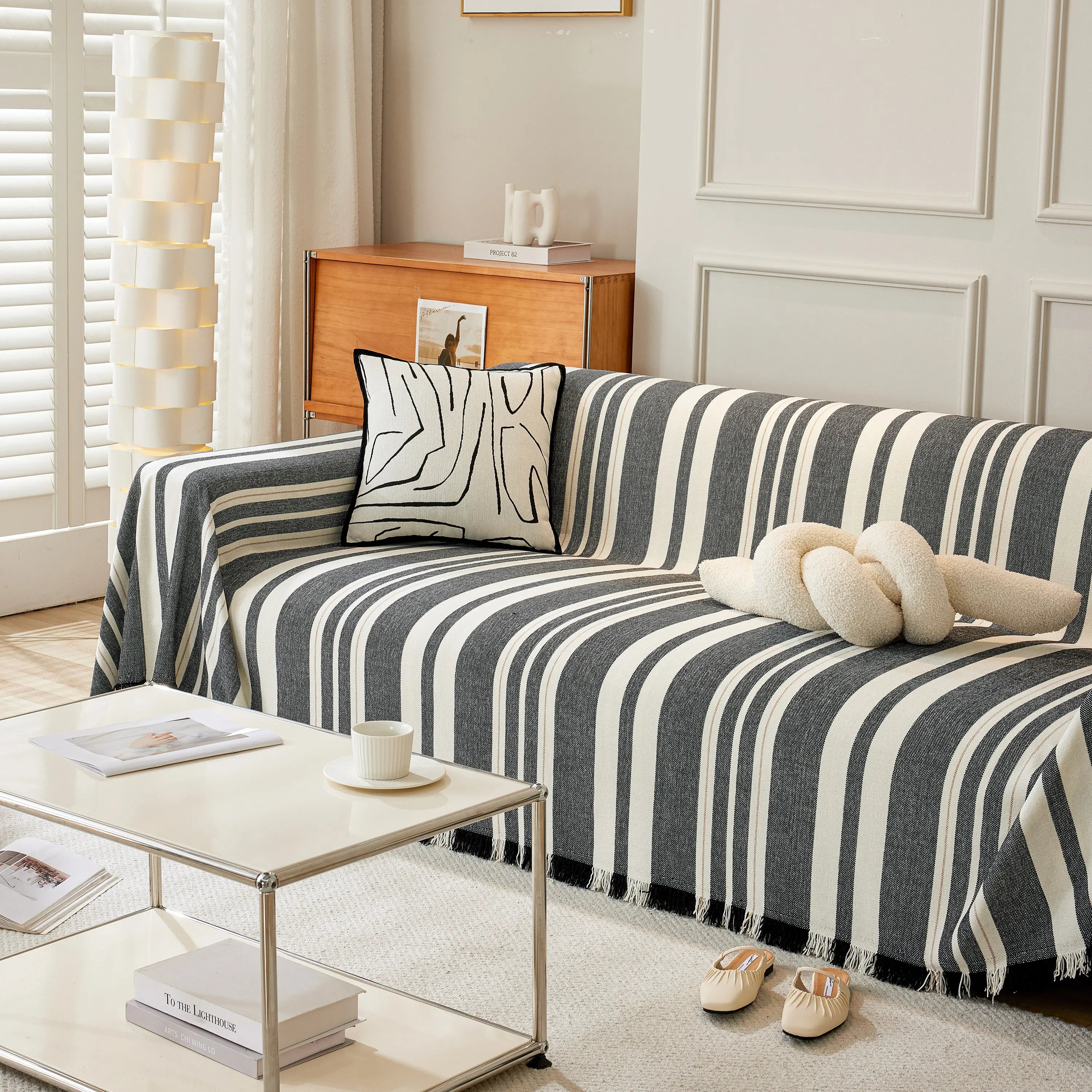 Striped Chenille Sofa Slipcover Throw, Soft Thick Washable Couch Cover Blanket