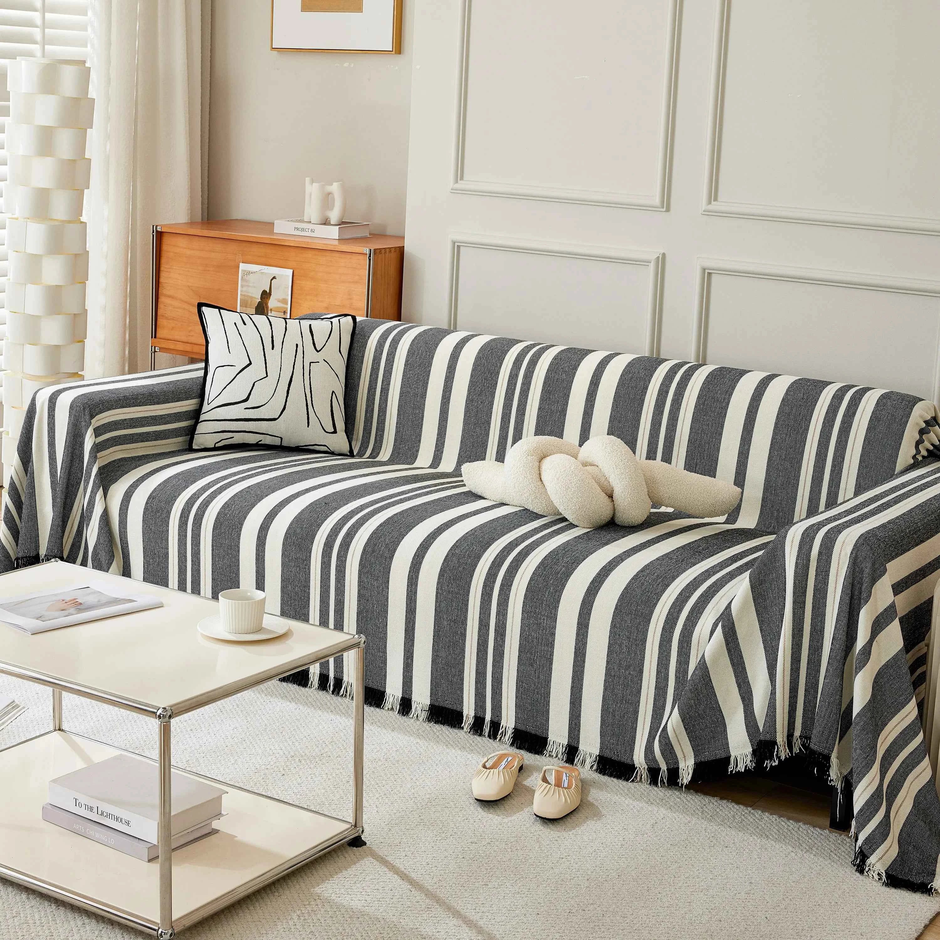 Striped Chenille Sofa Slipcover Throw, Soft Thick Washable Couch Cover Blanket
