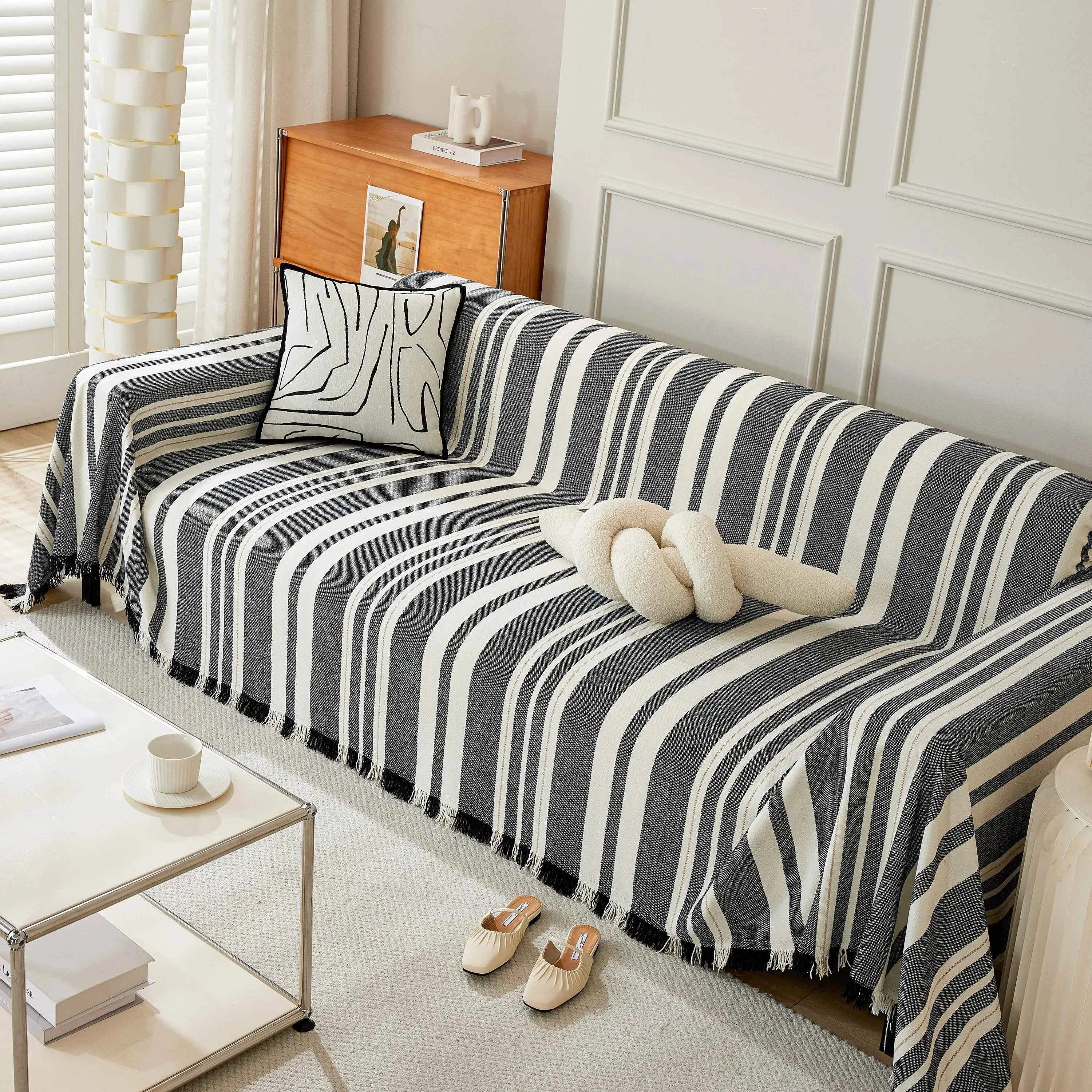 Striped Chenille Sofa Slipcover Throw, Soft Thick Washable Couch Cover Blanket