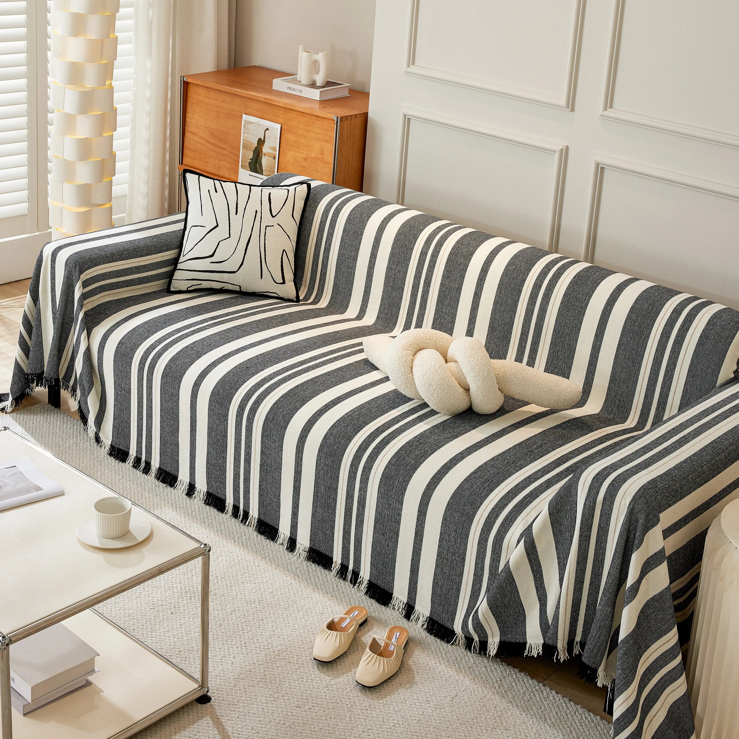 Striped Chenille Sofa Slipcover Throw, Soft Thick Washable Couch Cover Blanket
