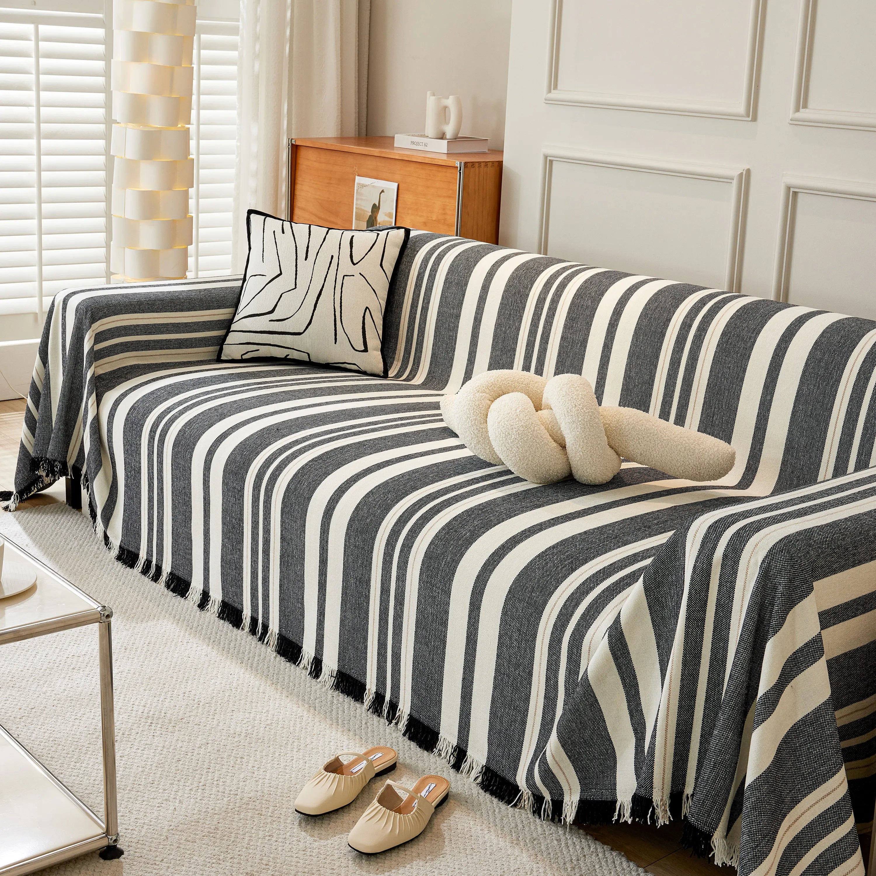Striped Chenille Sofa Slipcover Throw, Soft Thick Washable Couch Cover Blanket