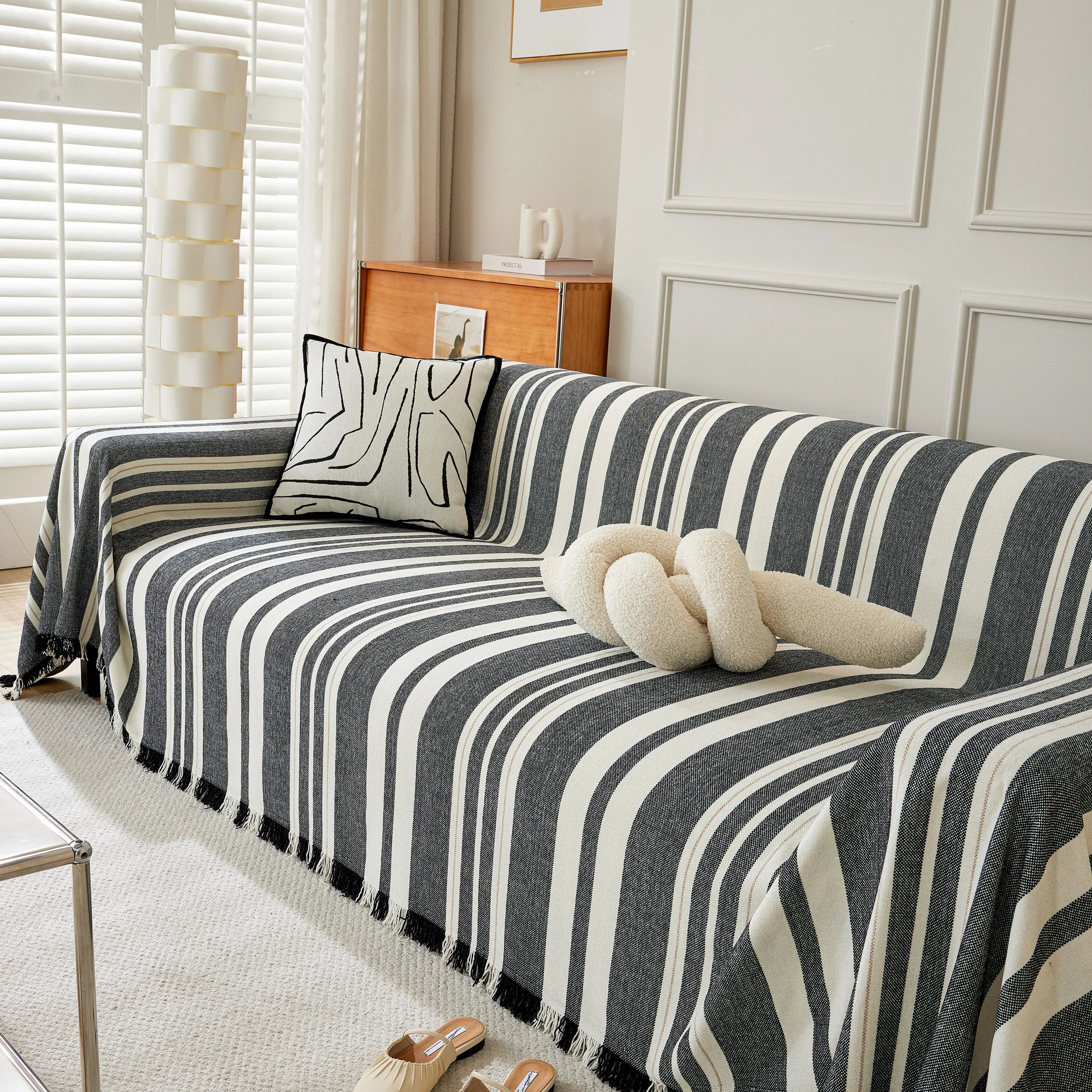 Striped Chenille Sofa Slipcover Throw, Soft Thick Washable Couch Cover Blanket