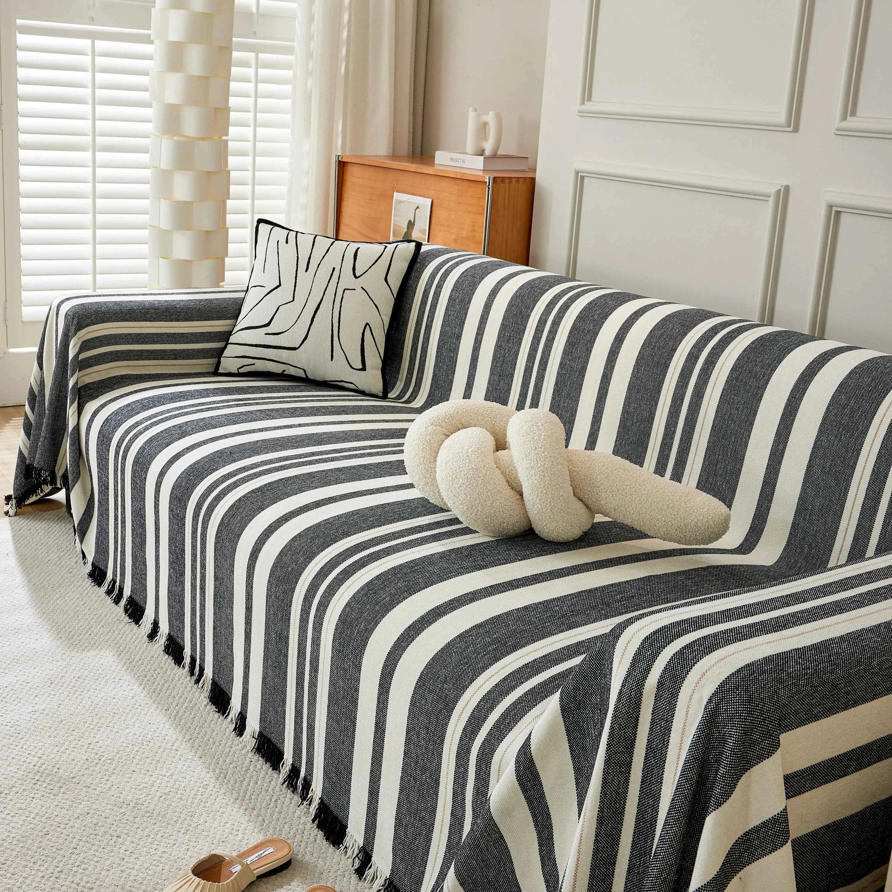 Striped Chenille Sofa Slipcover Throw, Soft Thick Washable Couch Cover Blanket