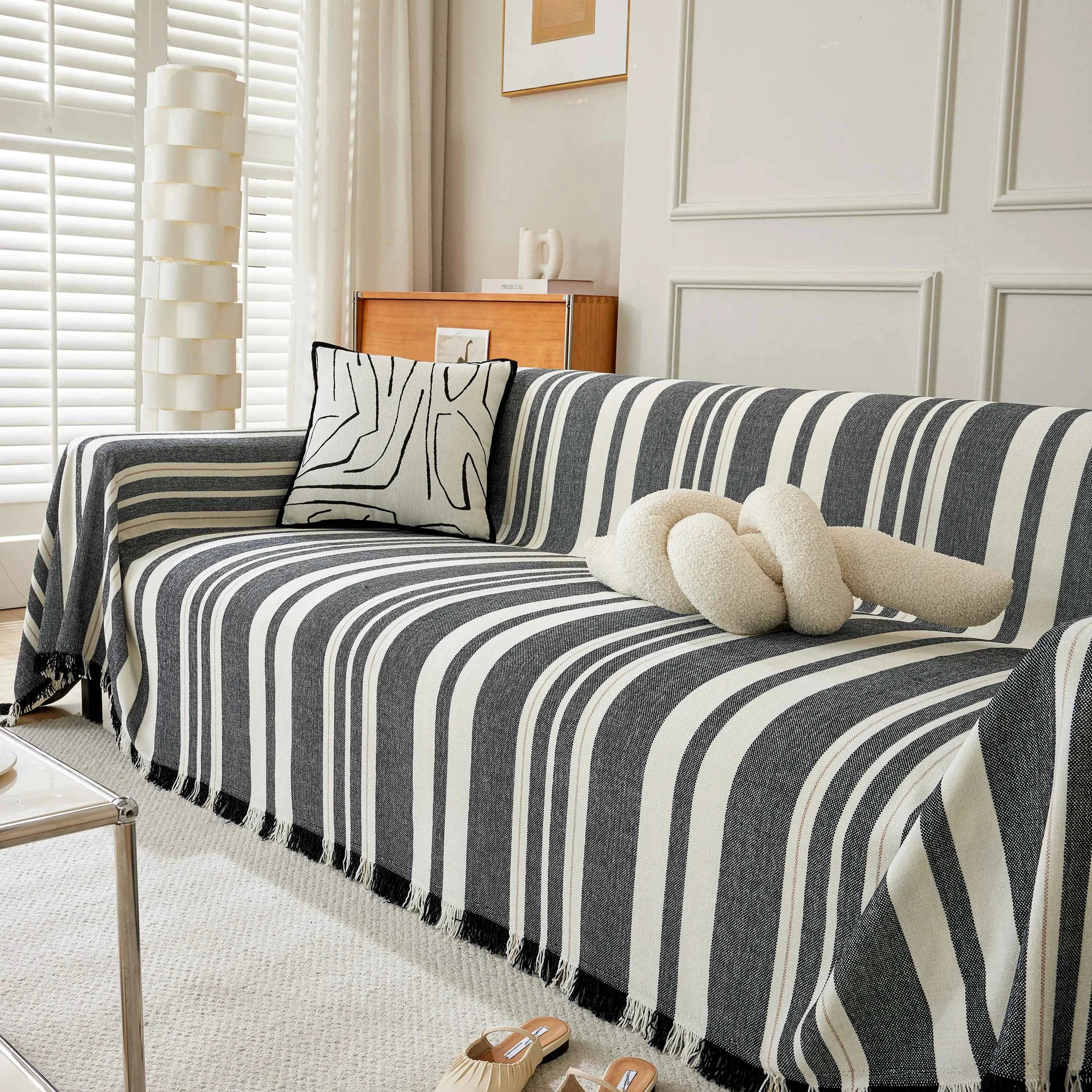 Striped Chenille Sofa Slipcover Throw, Soft Thick Washable Couch Cover Blanket