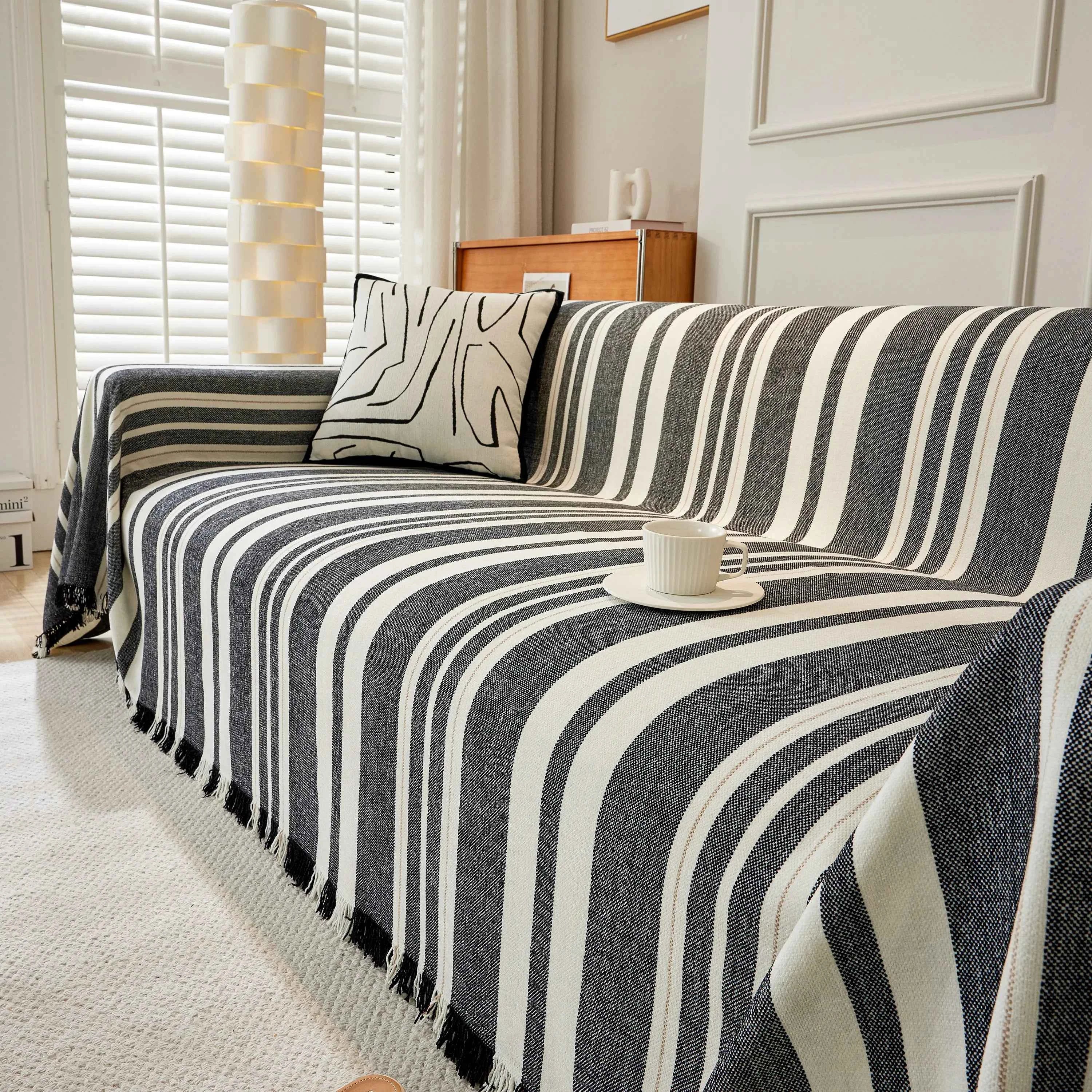 Striped Chenille Sofa Slipcover Throw, Soft Thick Washable Couch Cover Blanket