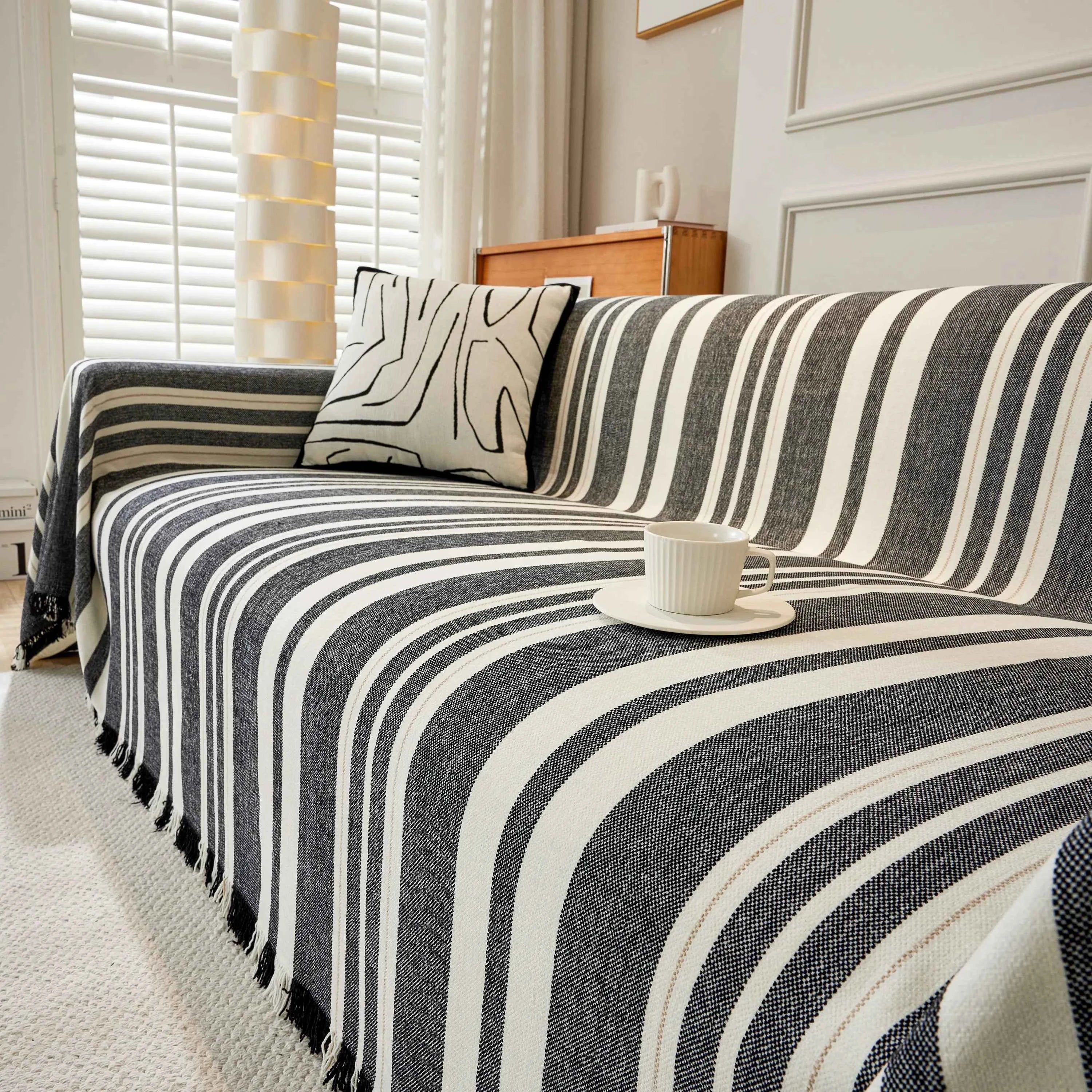 Striped Chenille Sofa Slipcover Throw, Soft Thick Washable Couch Cover Blanket