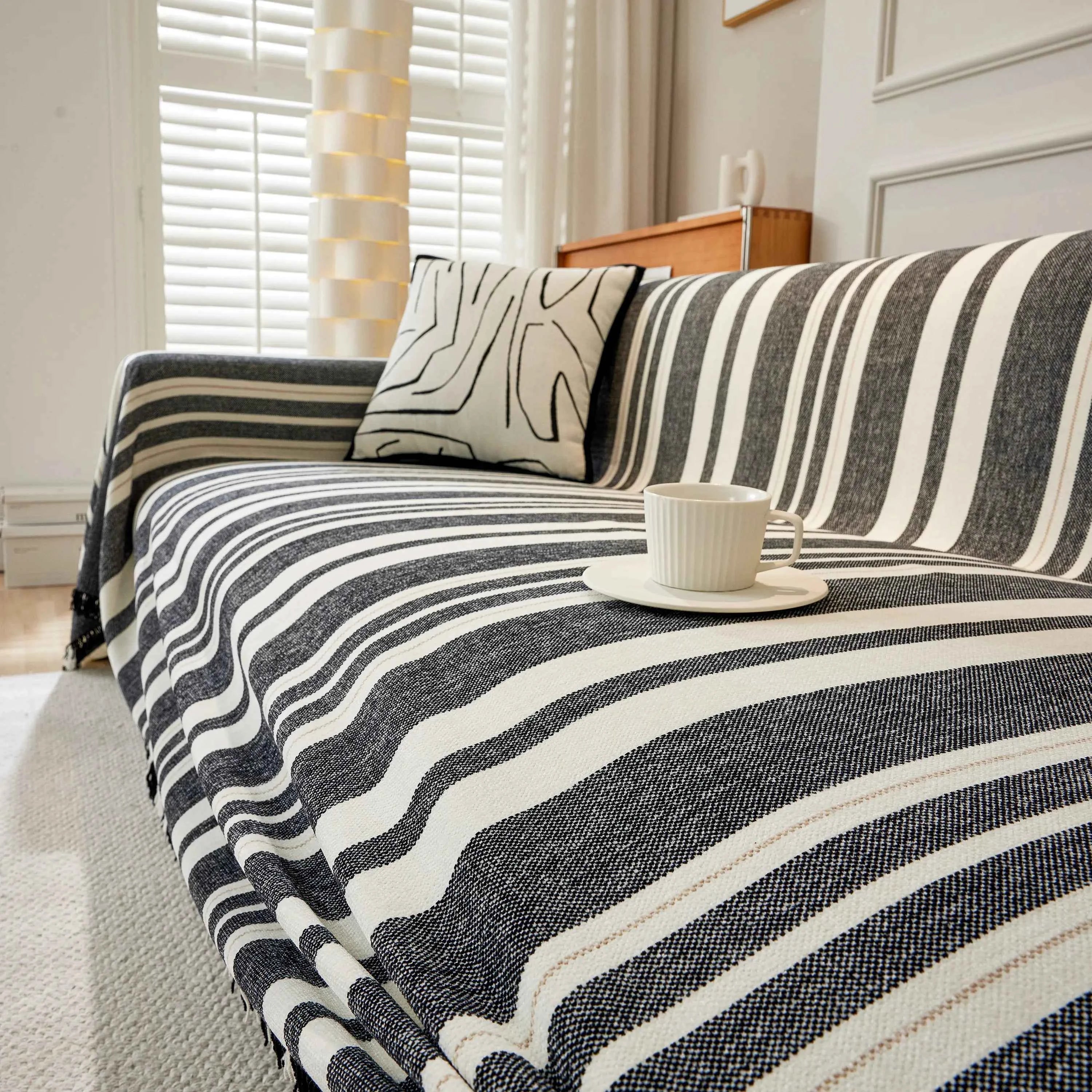 Striped Chenille Sofa Slipcover Throw, Soft Thick Washable Couch Cover Blanket