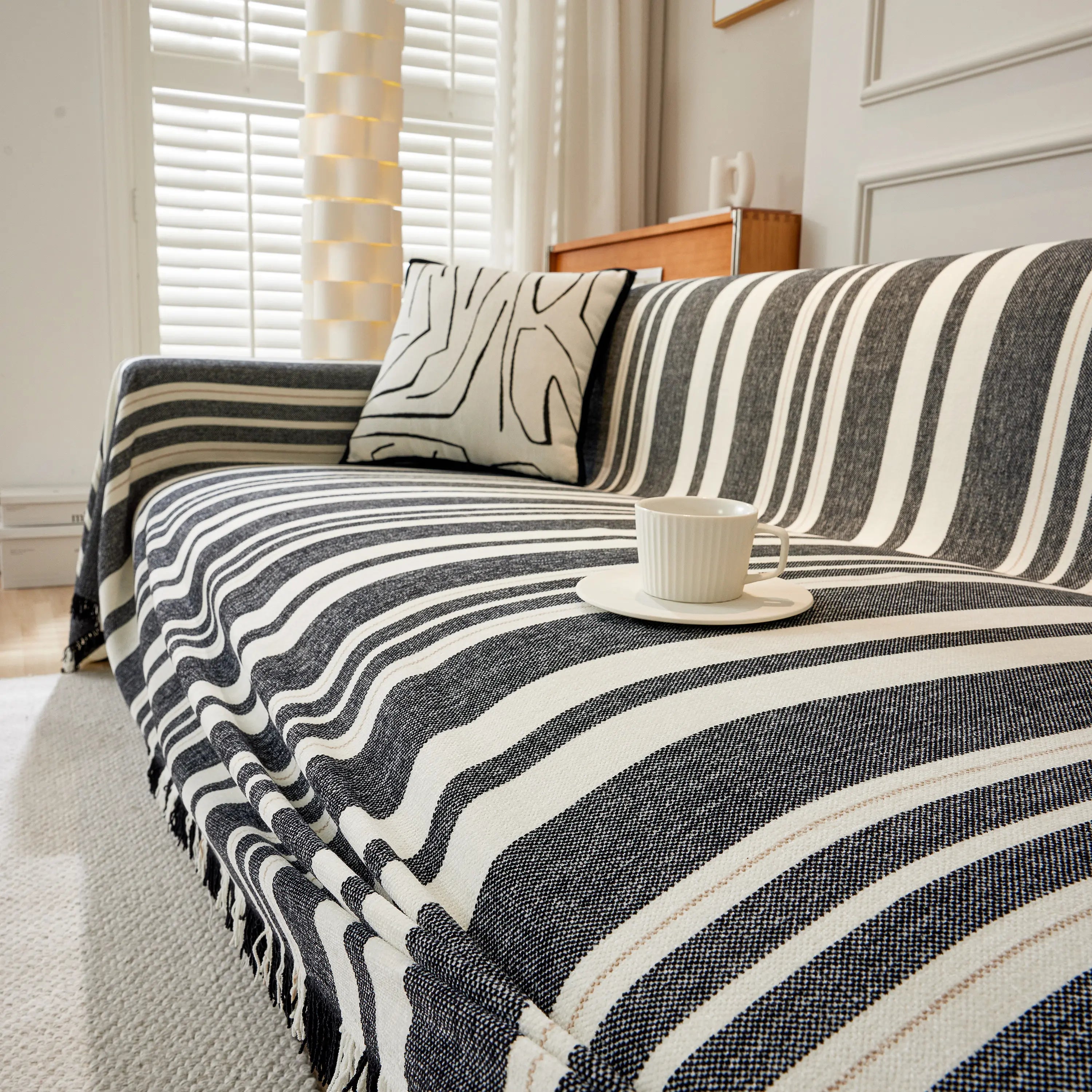 Striped Chenille Sofa Slipcover Throw, Soft Thick Washable Couch Cover Blanket