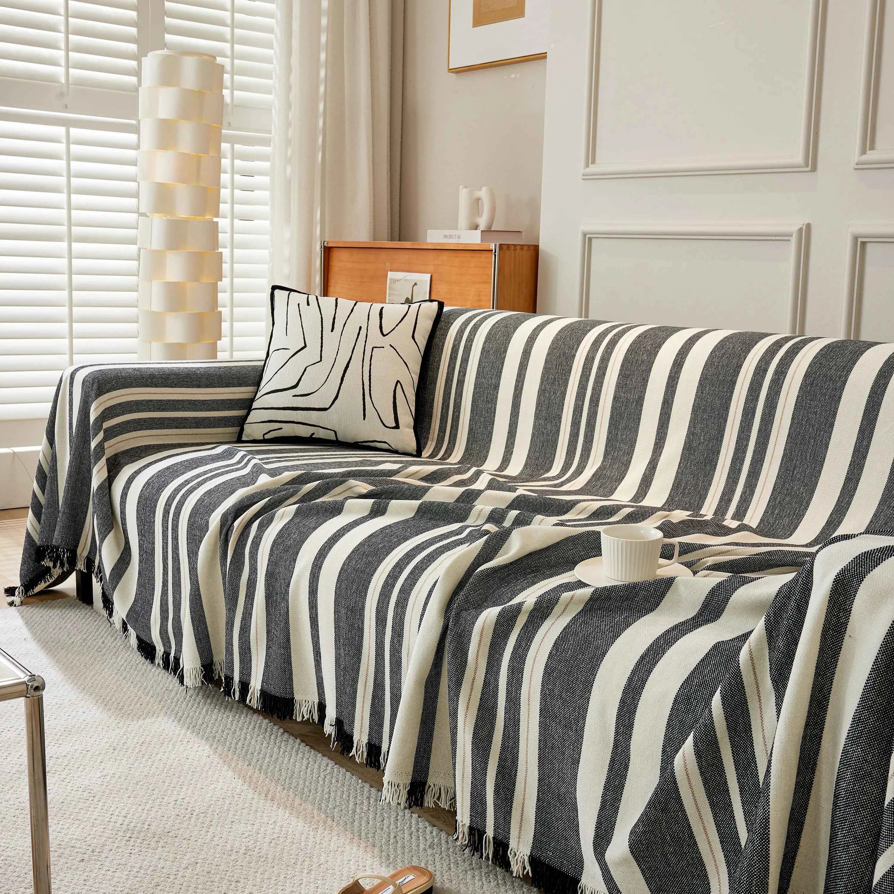 Striped Chenille Sofa Slipcover Throw, Soft Thick Washable Couch Cover Blanket