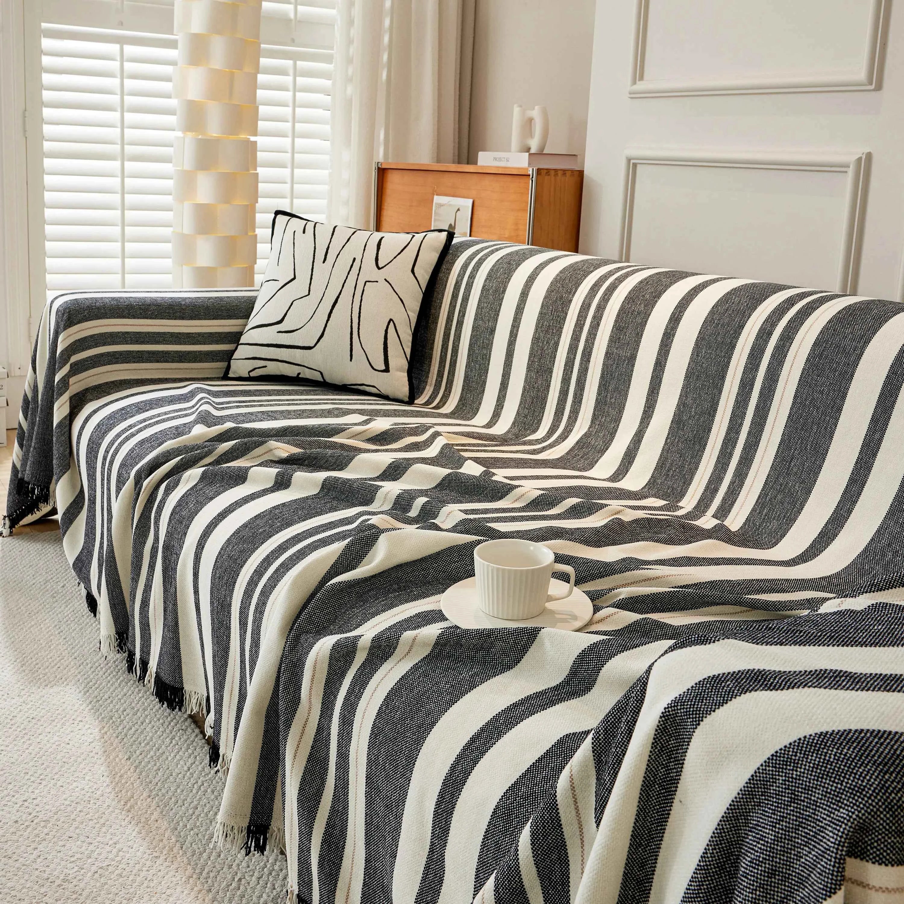 Striped Chenille Sofa Slipcover Throw, Soft Thick Washable Couch Cover Blanket