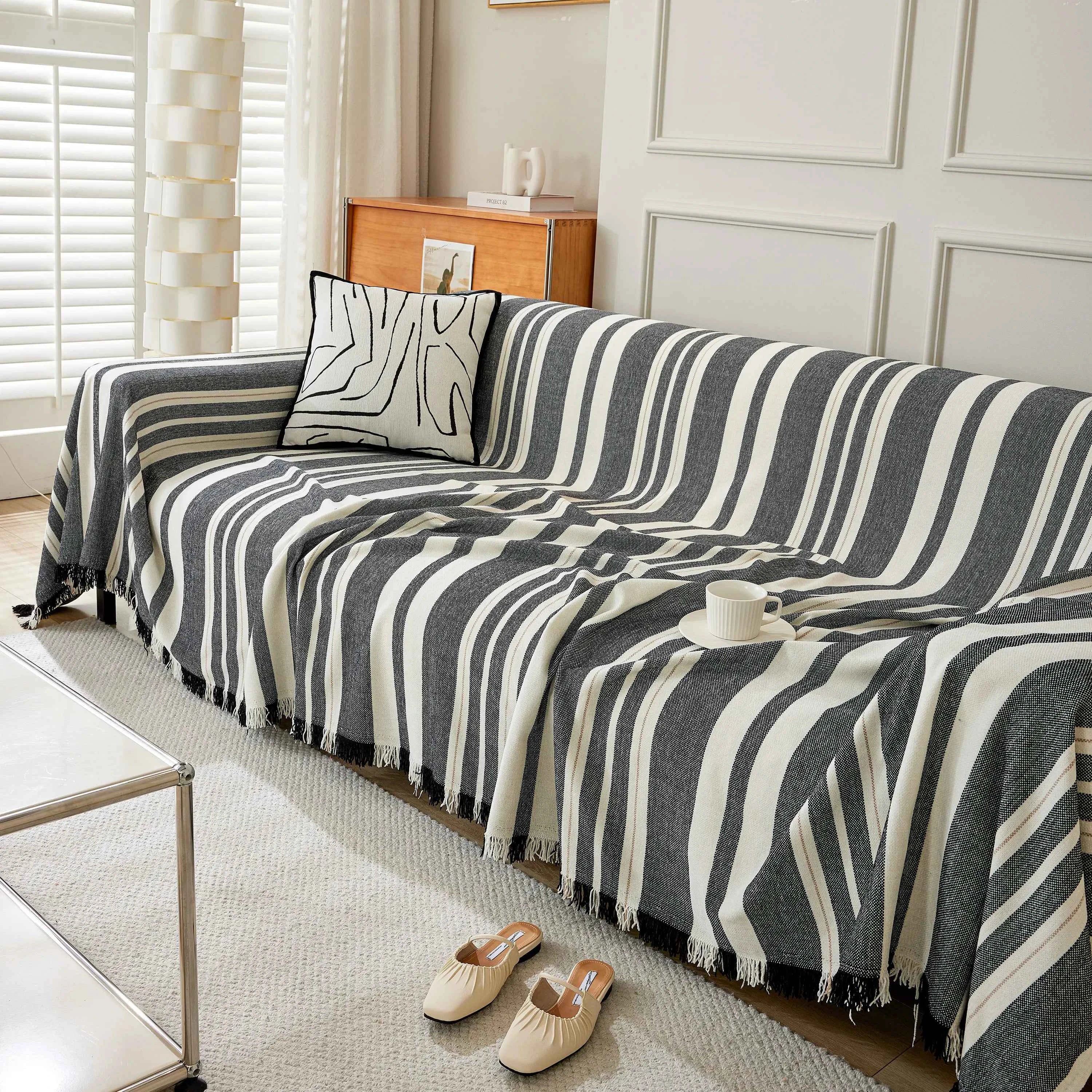 Striped Chenille Sofa Slipcover Throw, Soft Thick Washable Couch Cover Blanket
