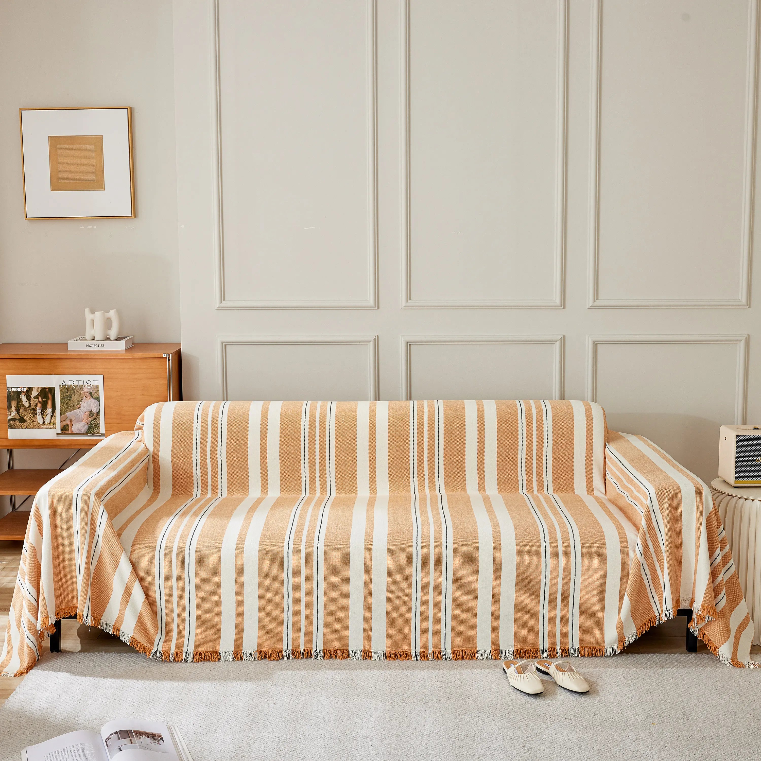 Striped Chenille Sofa Slipcover Throw, Soft Thick Washable Couch Cover Blanket