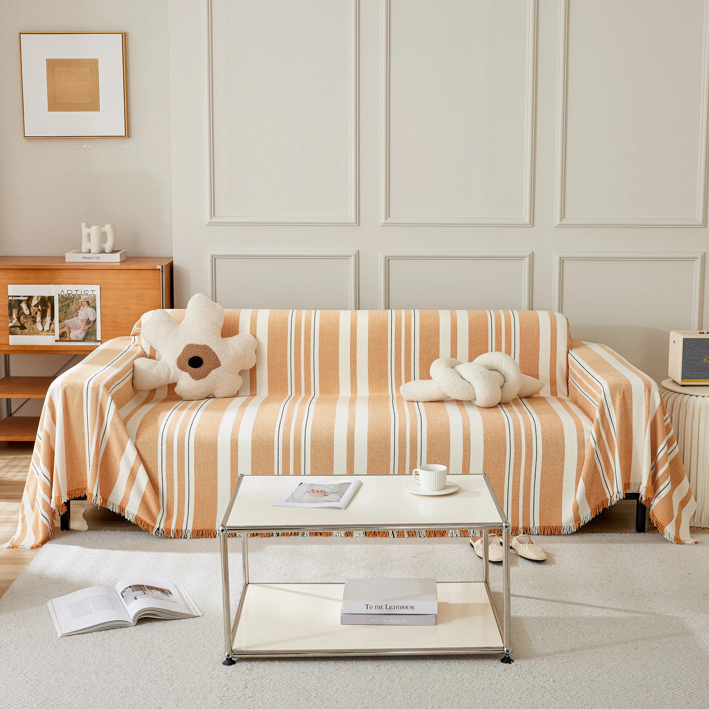 Striped Chenille Sofa Slipcover Throw, Soft Thick Washable Couch Cover Blanket