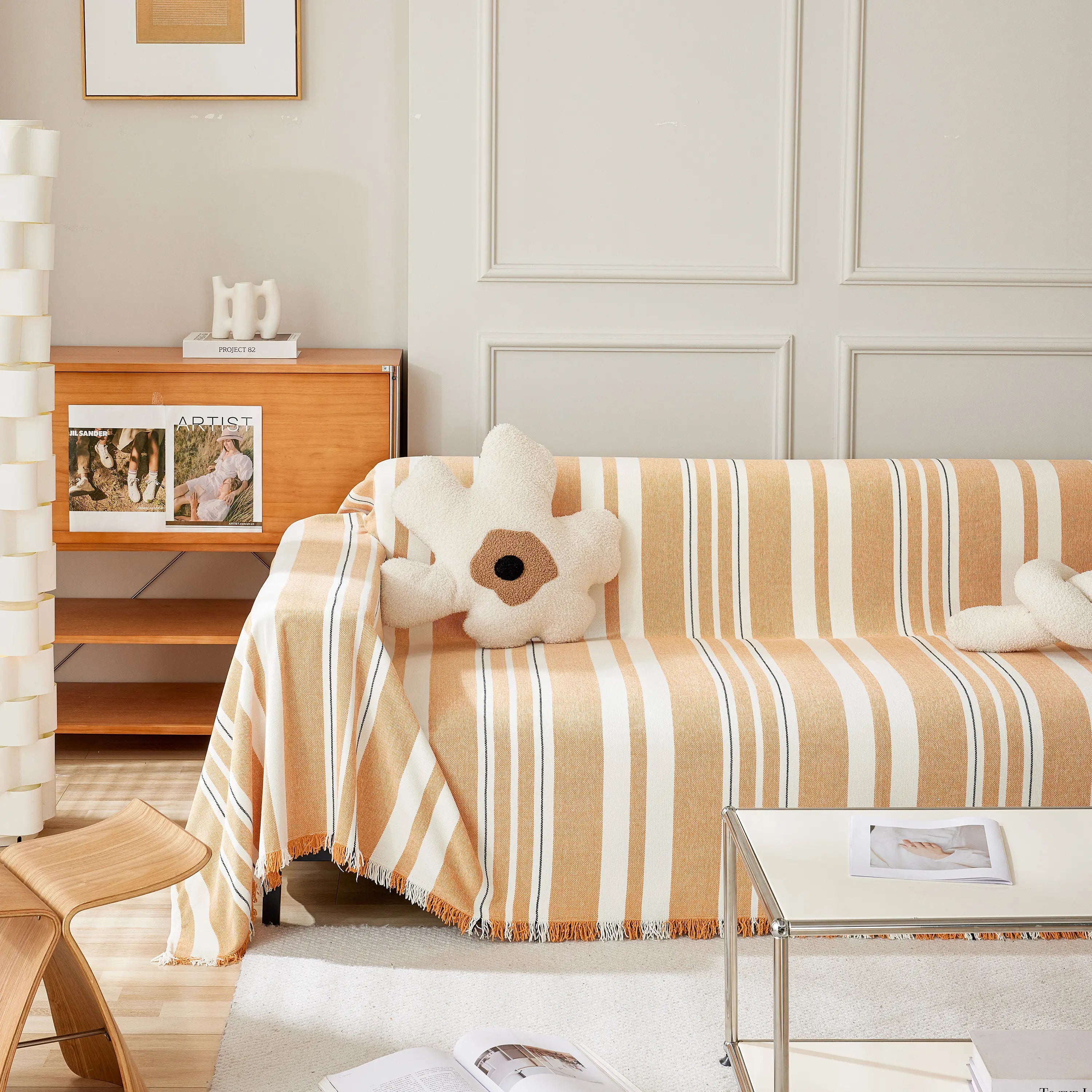 Striped Chenille Sofa Slipcover Throw, Soft Thick Washable Couch Cover Blanket