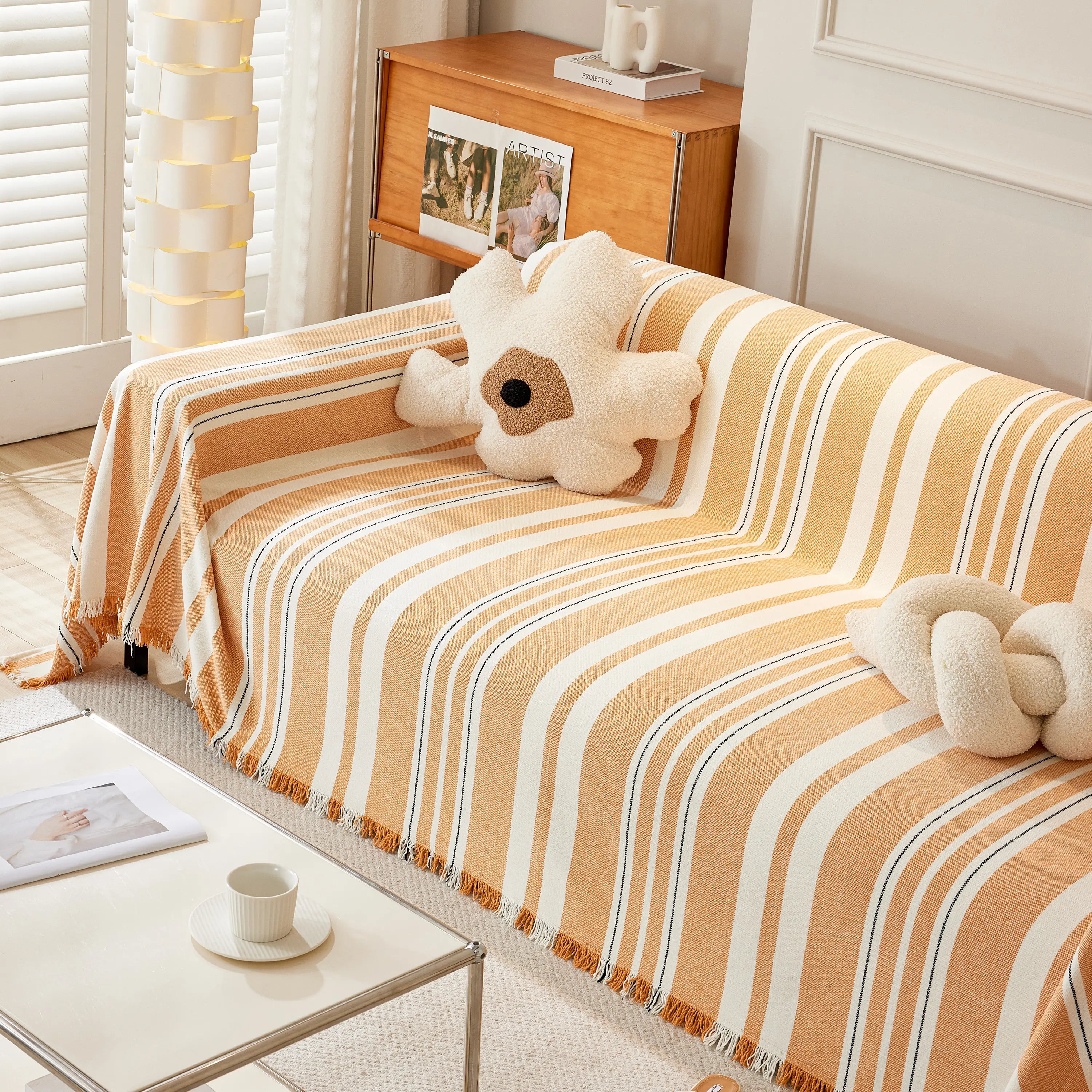 Striped Chenille Sofa Slipcover Throw, Soft Thick Washable Couch Cover Blanket
