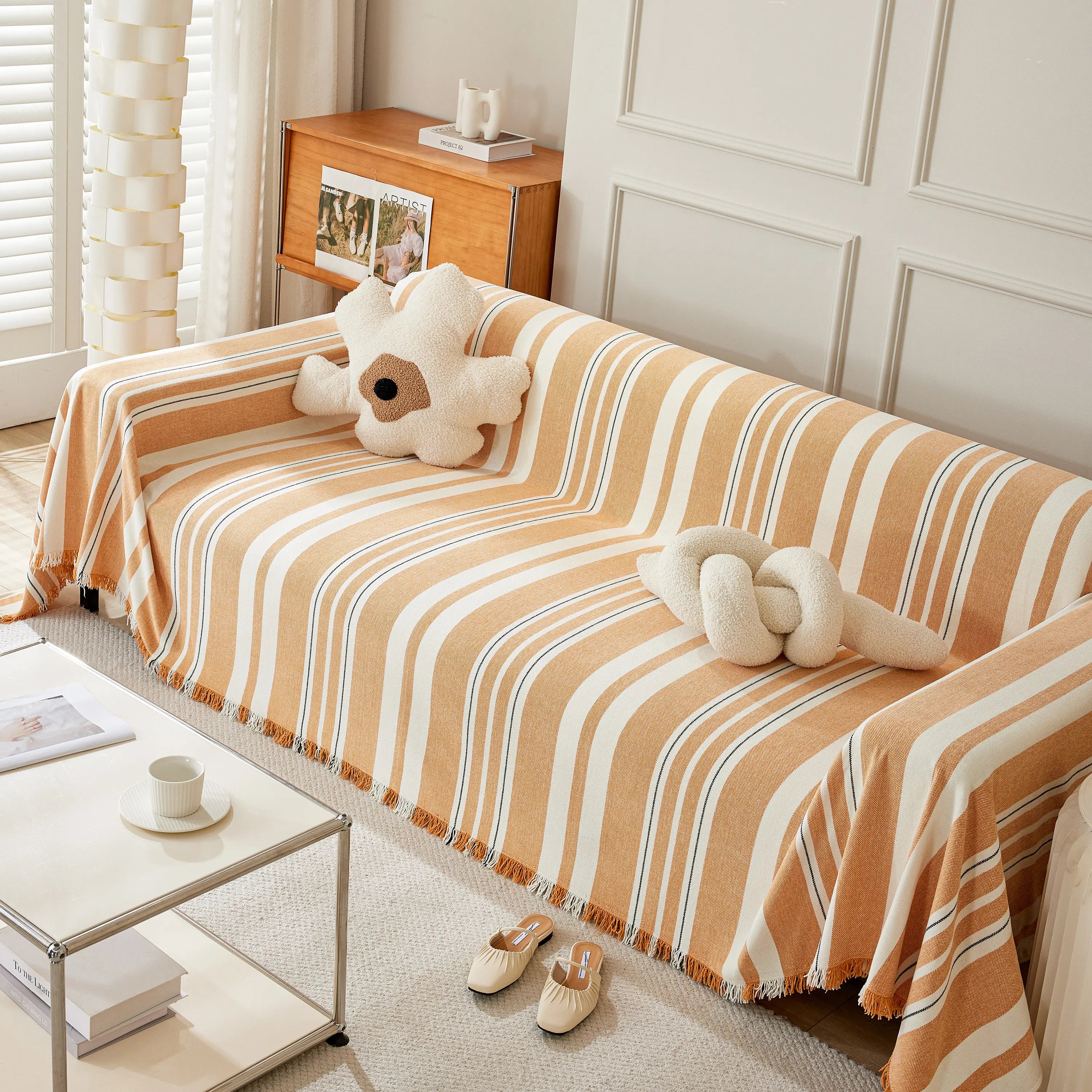 Striped Chenille Sofa Slipcover Throw, Soft Thick Washable Couch Cover Blanket