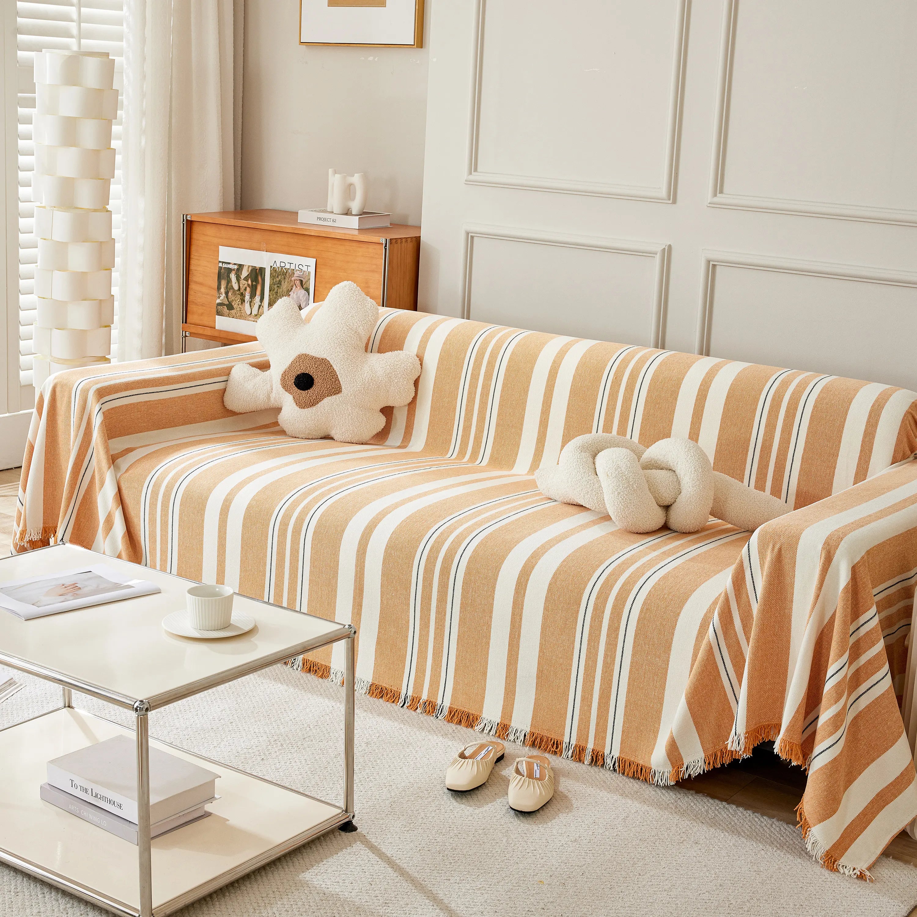 Striped Chenille Sofa Slipcover Throw, Soft Thick Washable Couch Cover Blanket