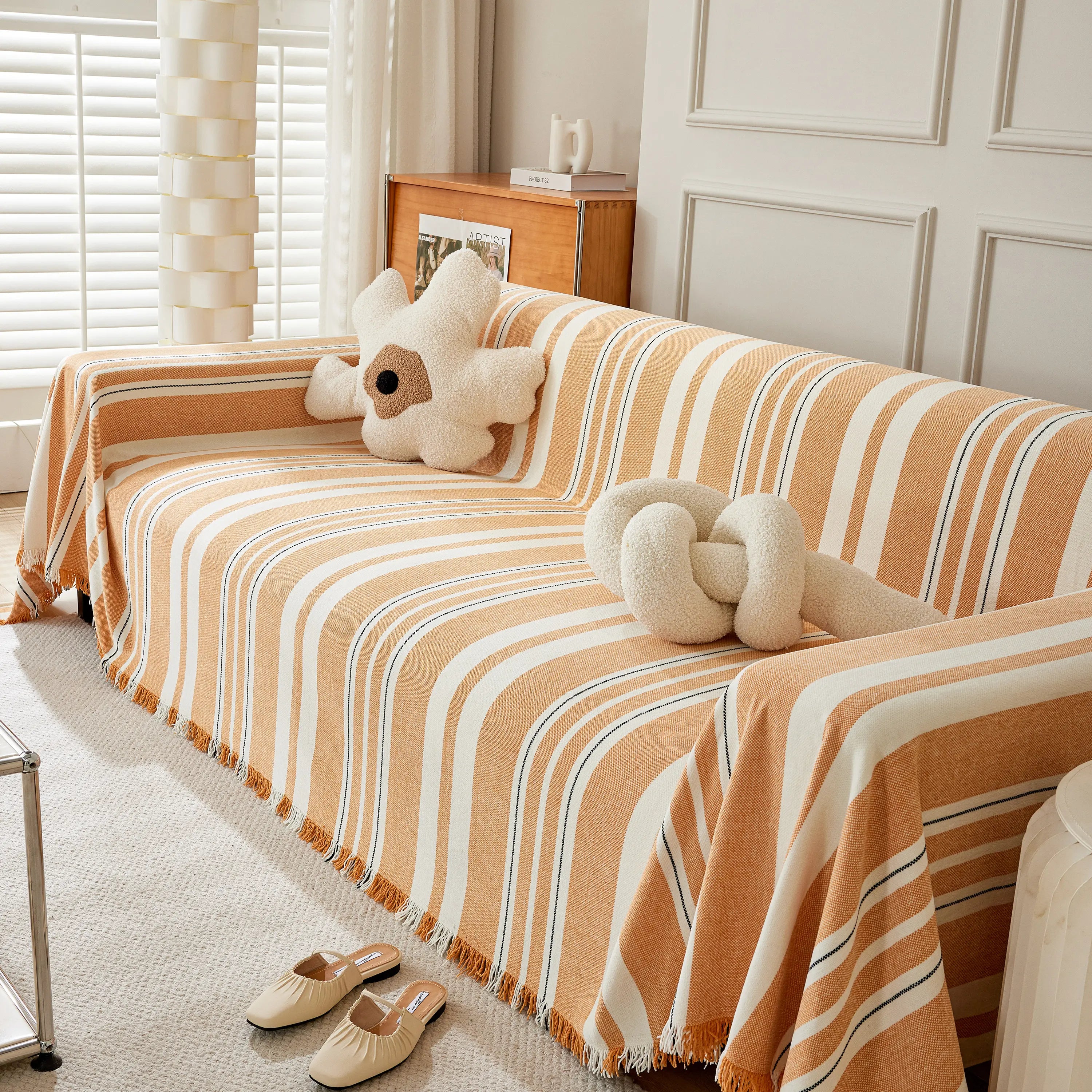 Striped Chenille Sofa Slipcover Throw, Soft Thick Washable Couch Cover Blanket