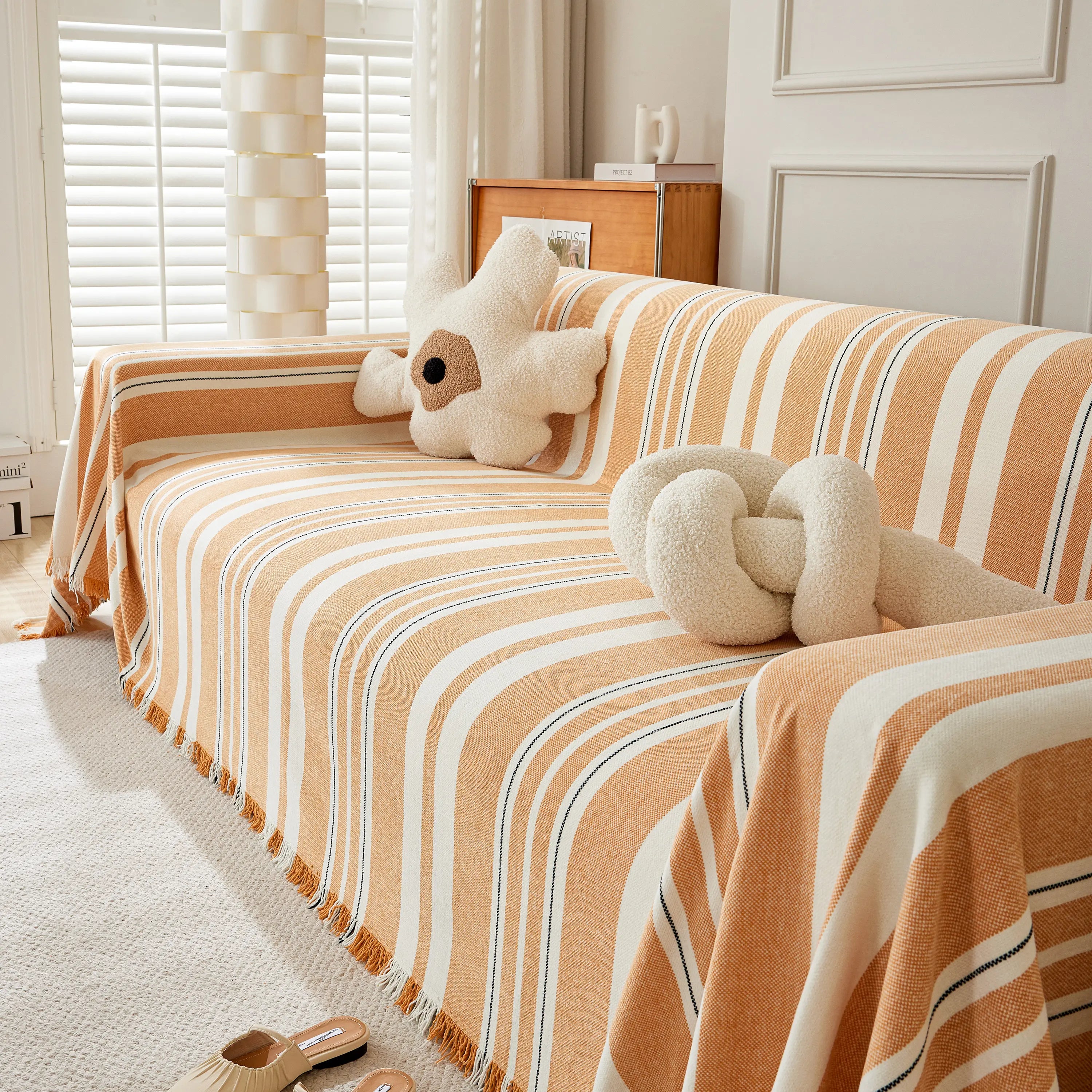 Striped Chenille Sofa Slipcover Throw, Soft Thick Washable Couch Cover Blanket