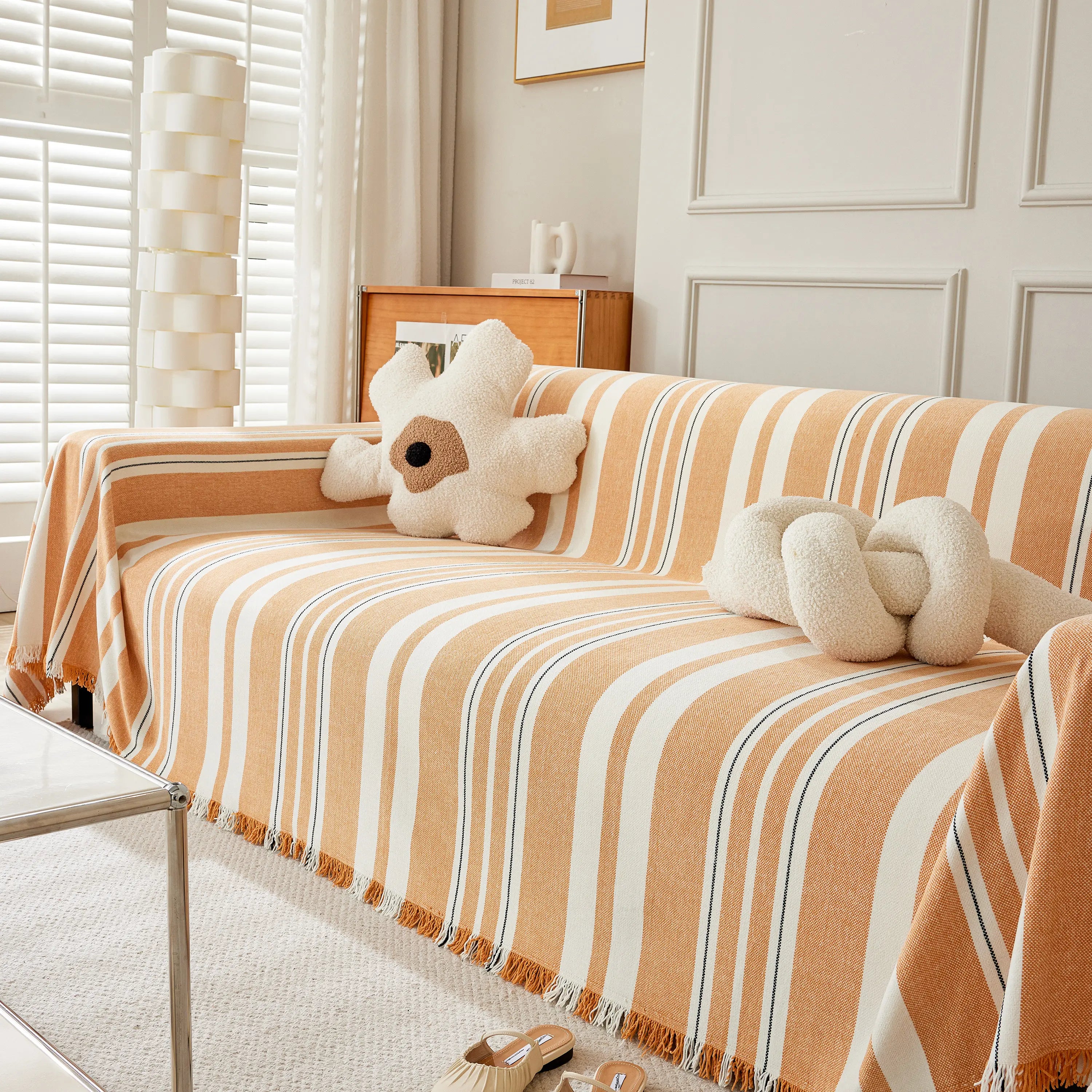 Striped Chenille Sofa Slipcover Throw, Soft Thick Washable Couch Cover Blanket