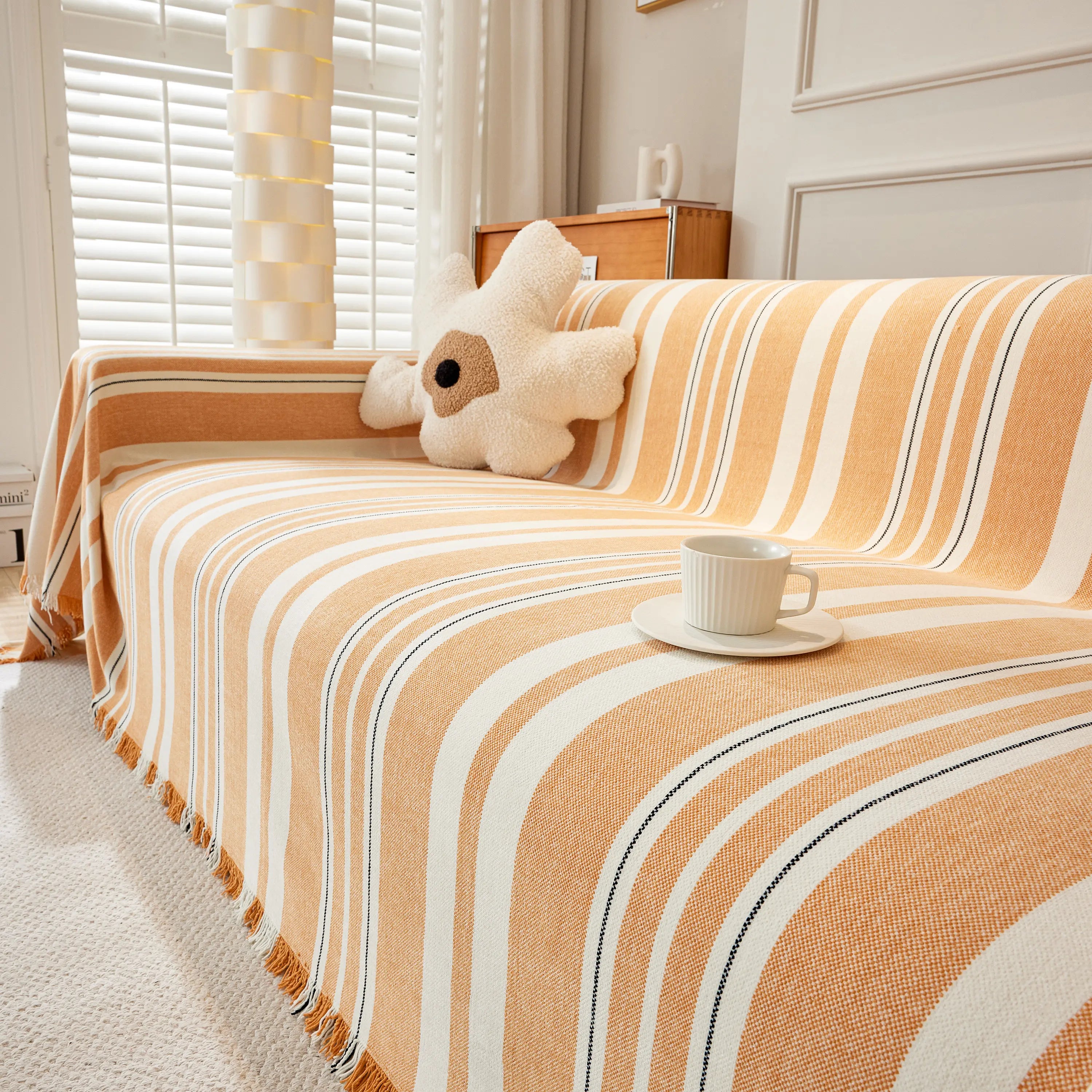 Striped Chenille Sofa Slipcover Throw, Soft Thick Washable Couch Cover Blanket