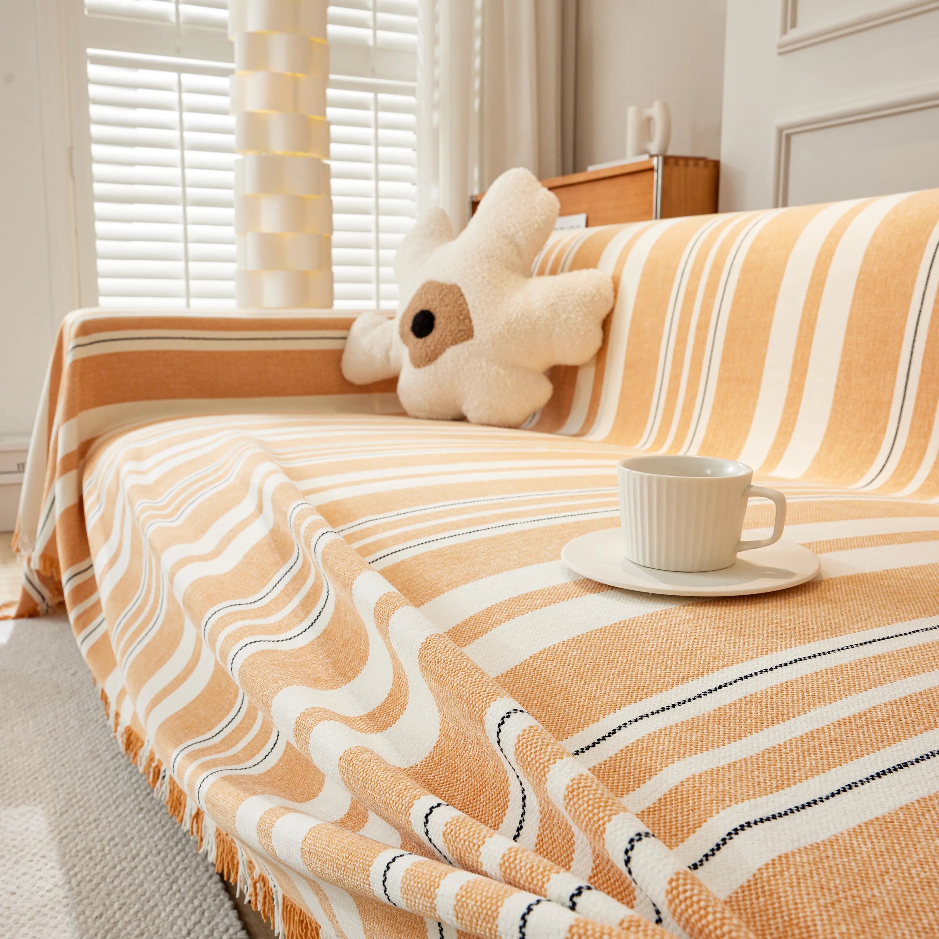 Striped Chenille Sofa Slipcover Throw, Soft Thick Washable Couch Cover Blanket
