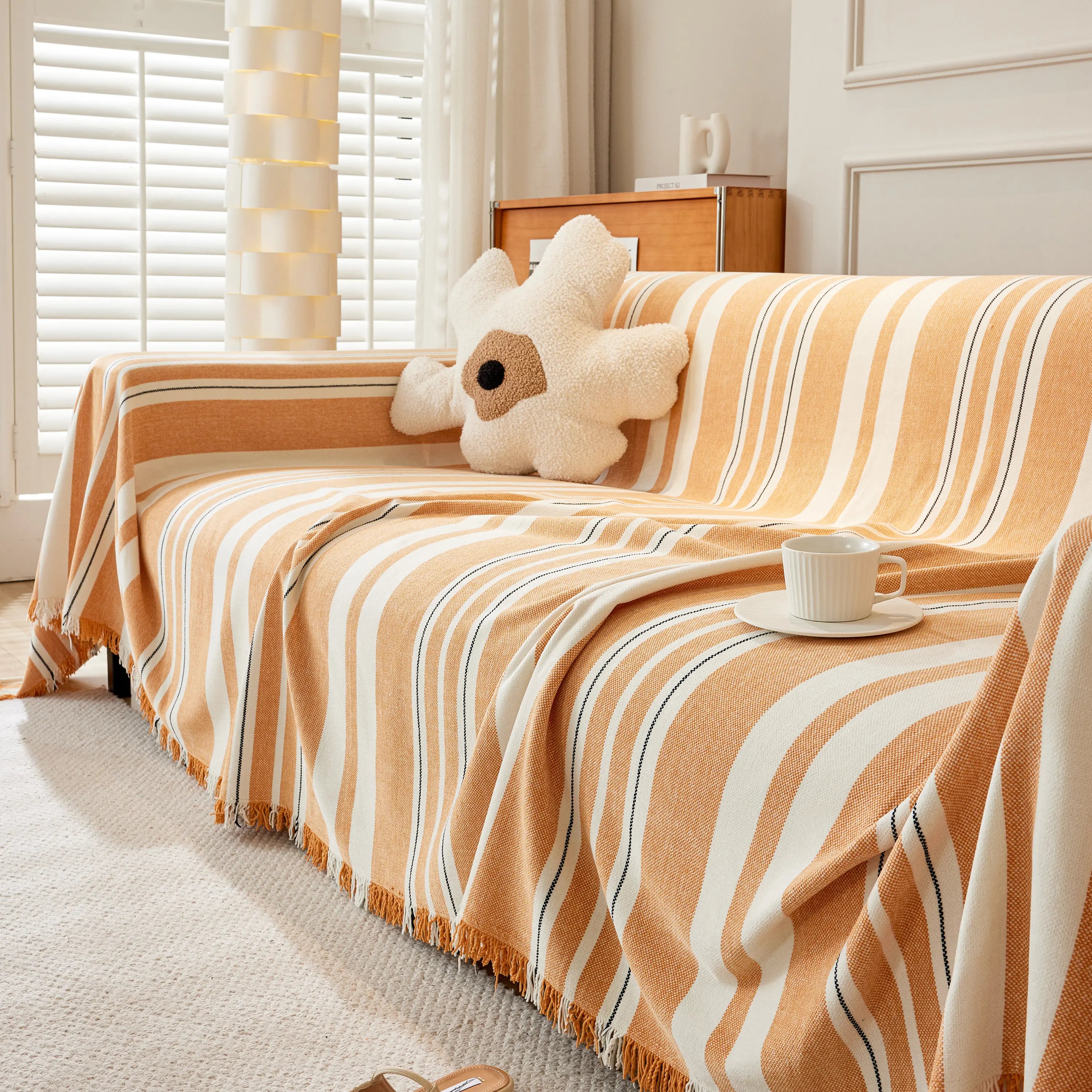 Striped Chenille Sofa Slipcover Throw, Soft Thick Washable Couch Cover Blanket