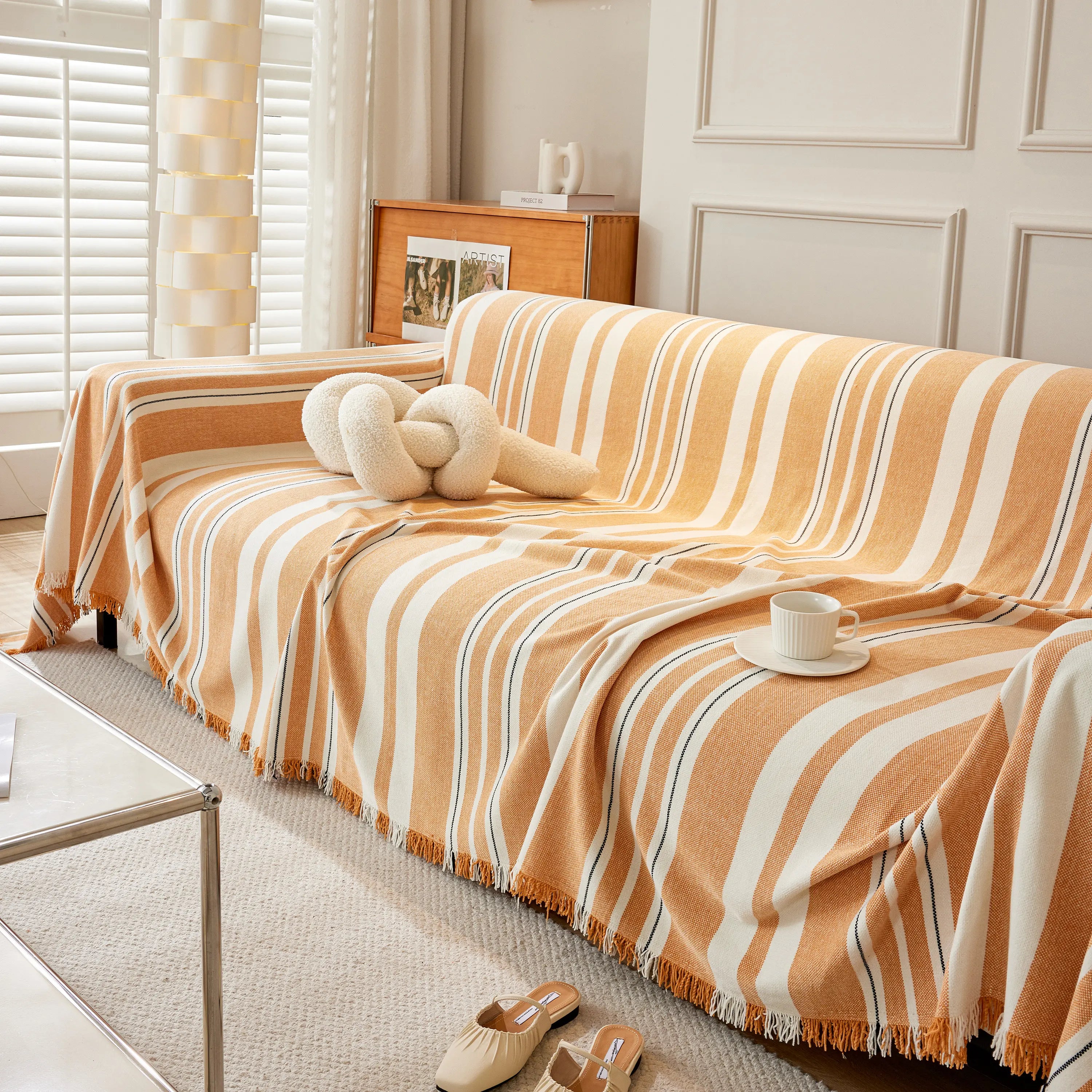 Striped Chenille Sofa Slipcover Throw, Soft Thick Washable Couch Cover Blanket