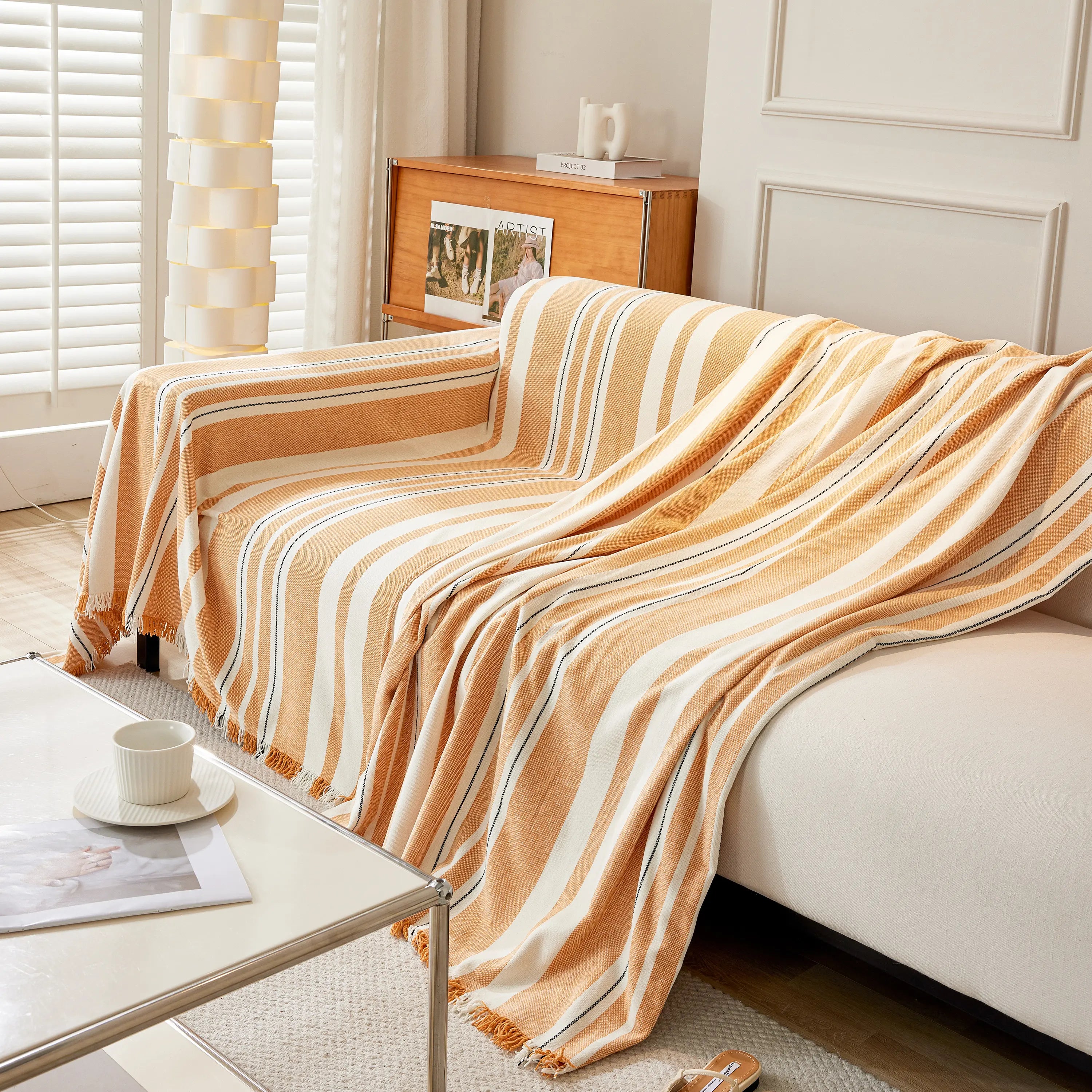 Striped Chenille Sofa Slipcover Throw, Soft Thick Washable Couch Cover Blanket