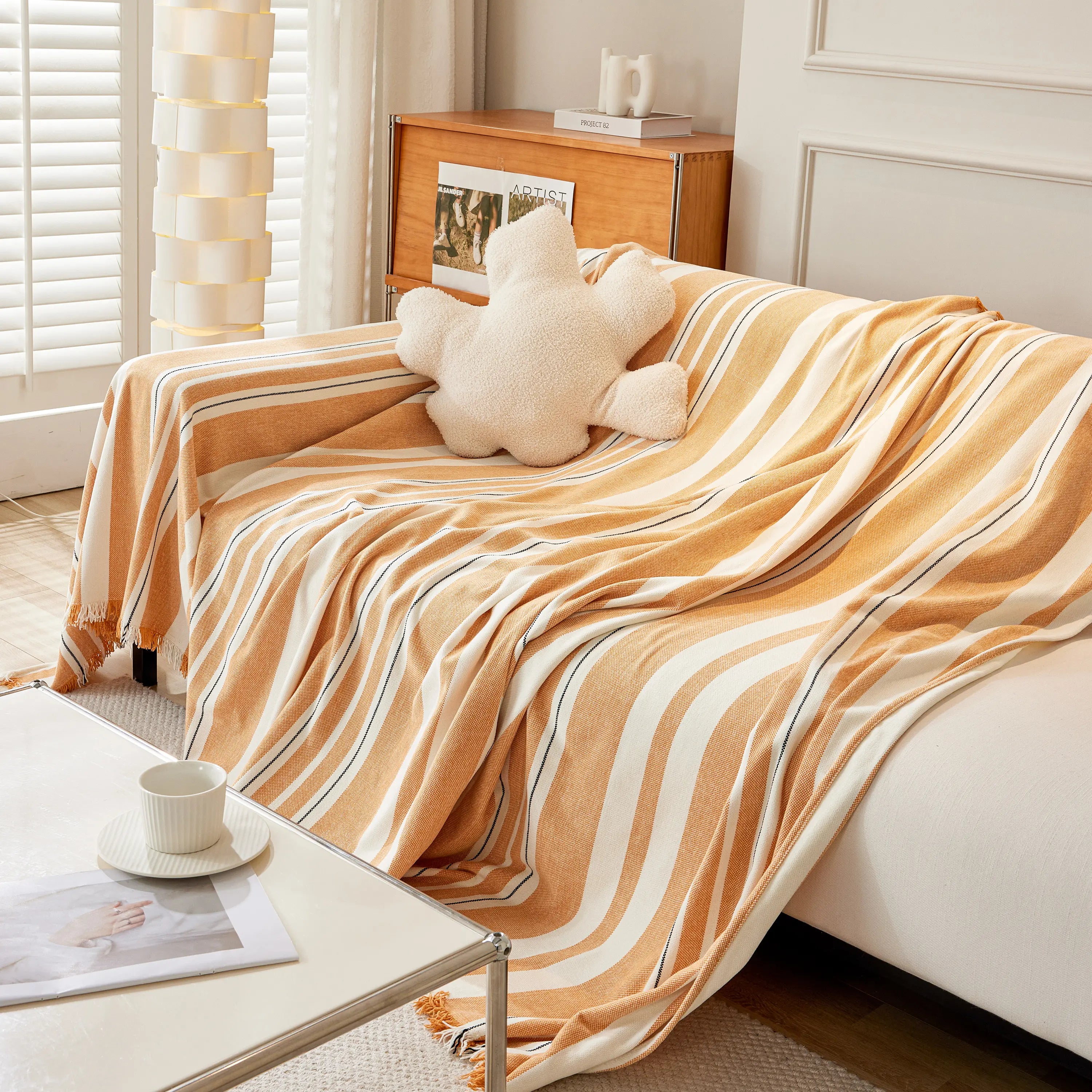 Striped Chenille Sofa Slipcover Throw, Soft Thick Washable Couch Cover Blanket