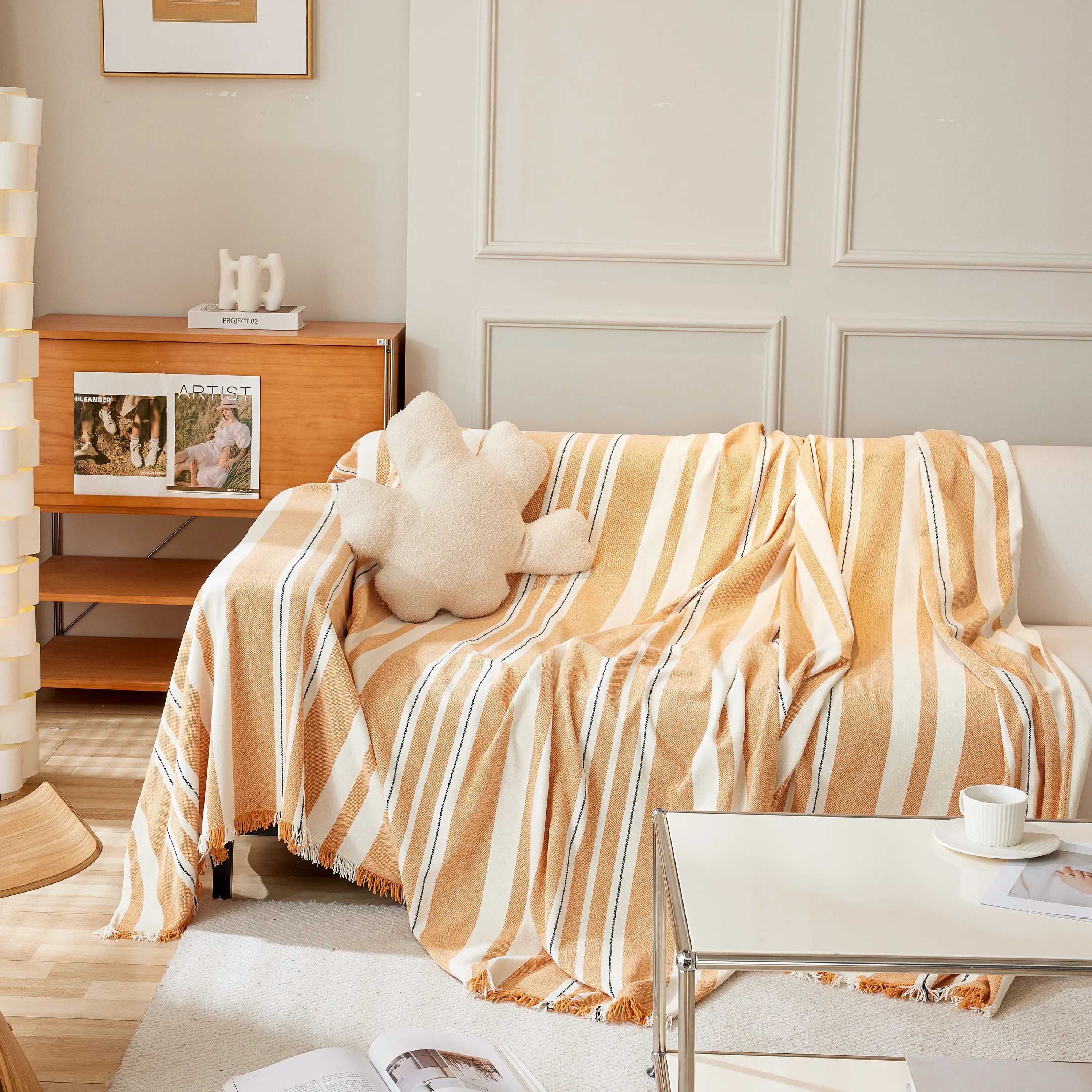 Striped Chenille Sofa Slipcover Throw, Soft Thick Washable Couch Cover Blanket
