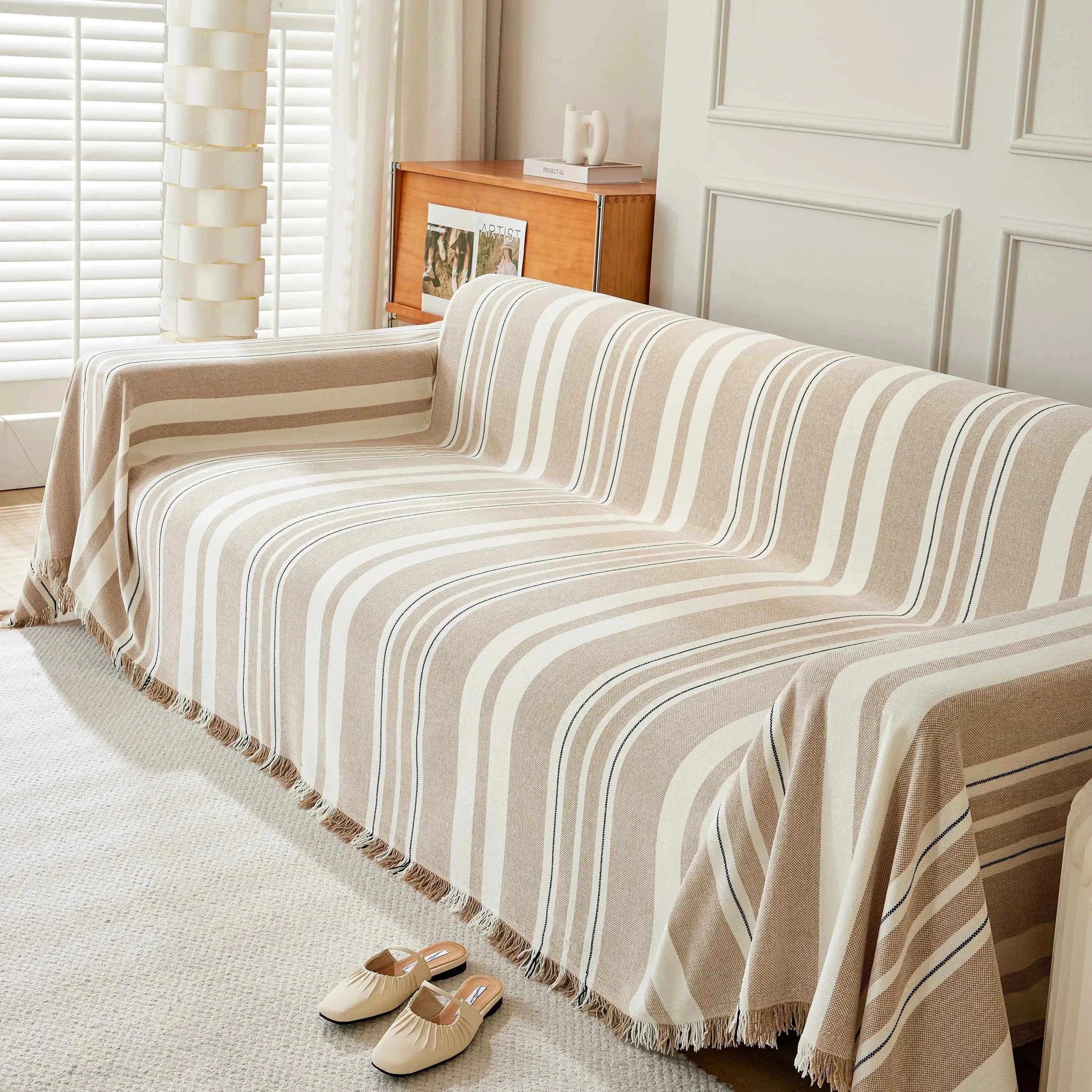 Striped Chenille Sofa Slipcover Throw, Soft Thick Washable Couch Cover Blanket