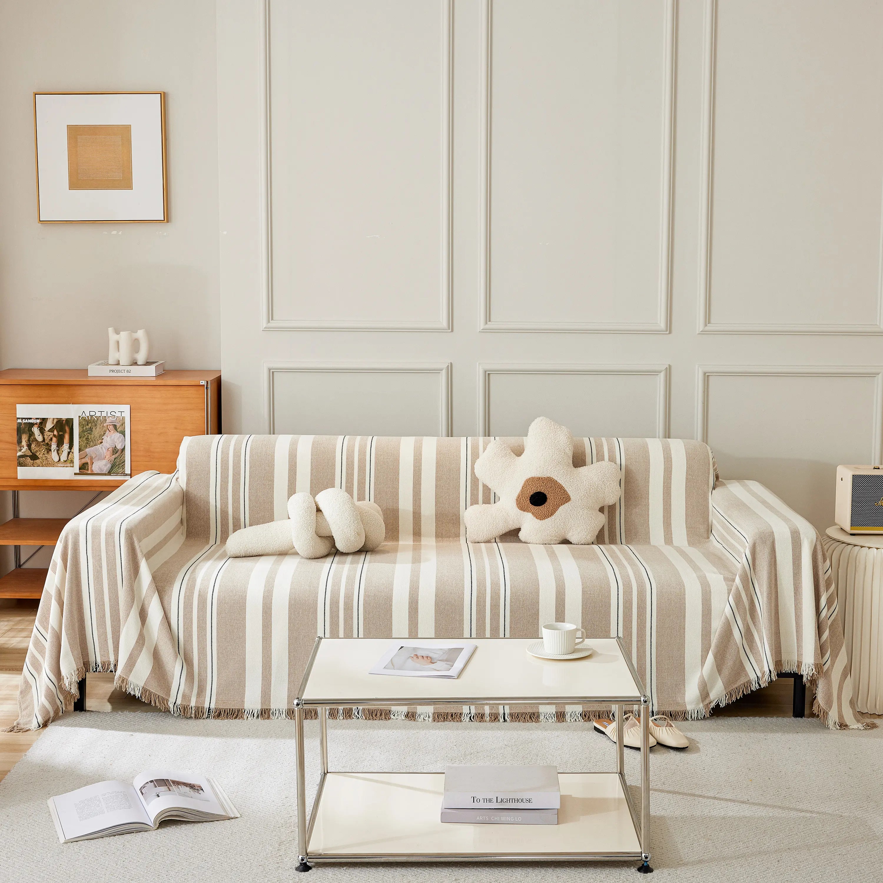 Striped Chenille Sofa Slipcover Throw, Soft Thick Washable Couch Cover Blanket