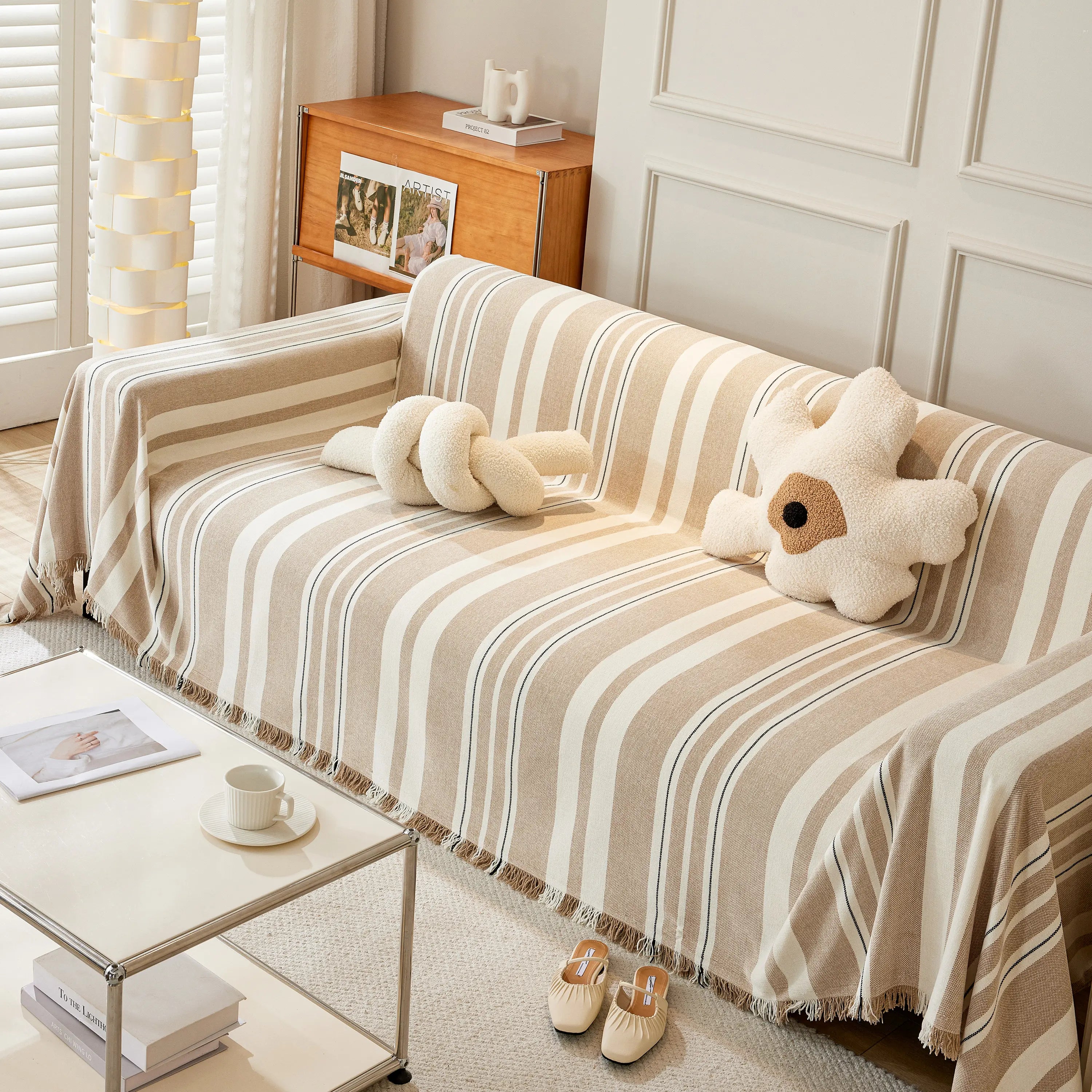 Striped Chenille Sofa Slipcover Throw, Soft Thick Washable Couch Cover Blanket