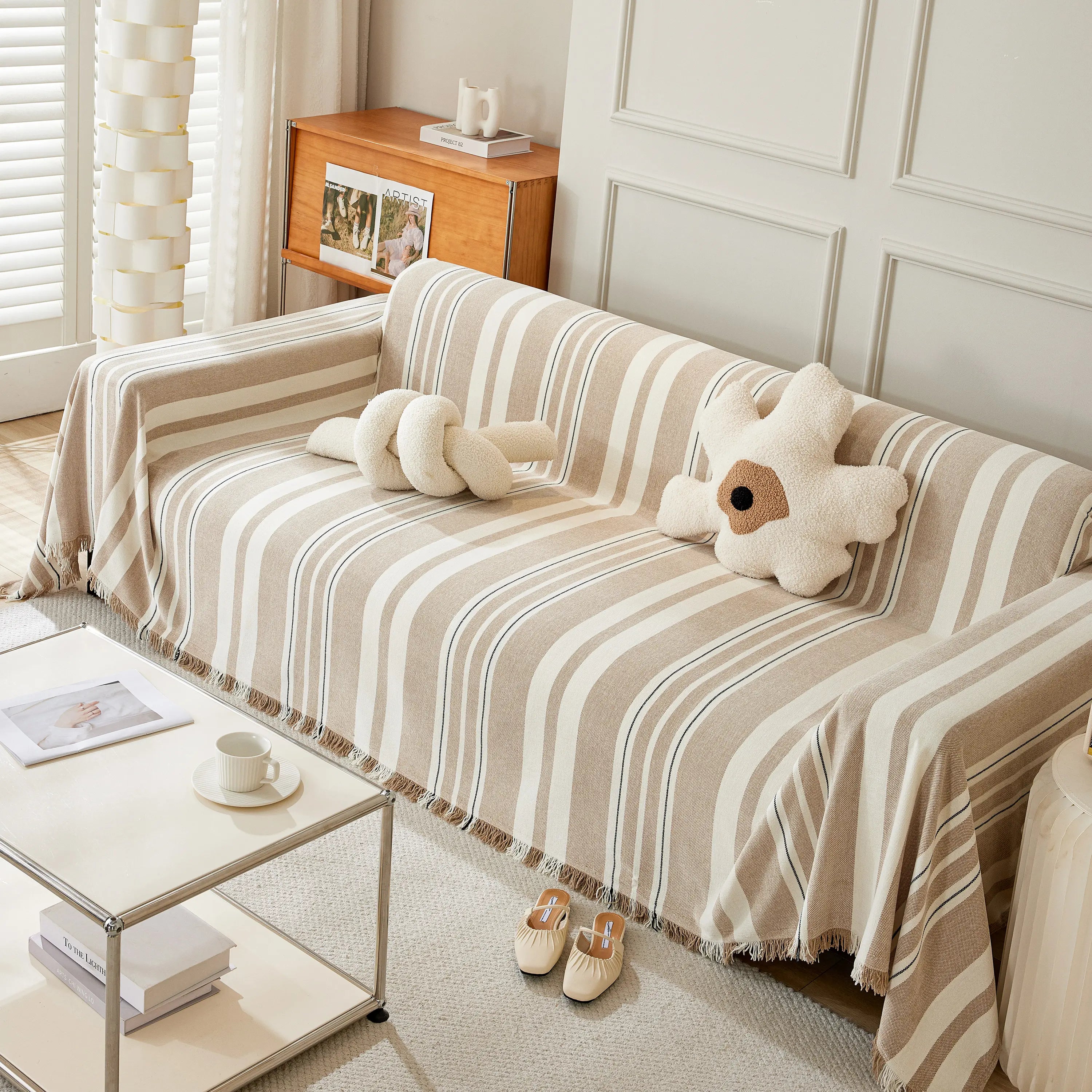 Striped Chenille Sofa Slipcover Throw, Soft Thick Washable Couch Cover Blanket