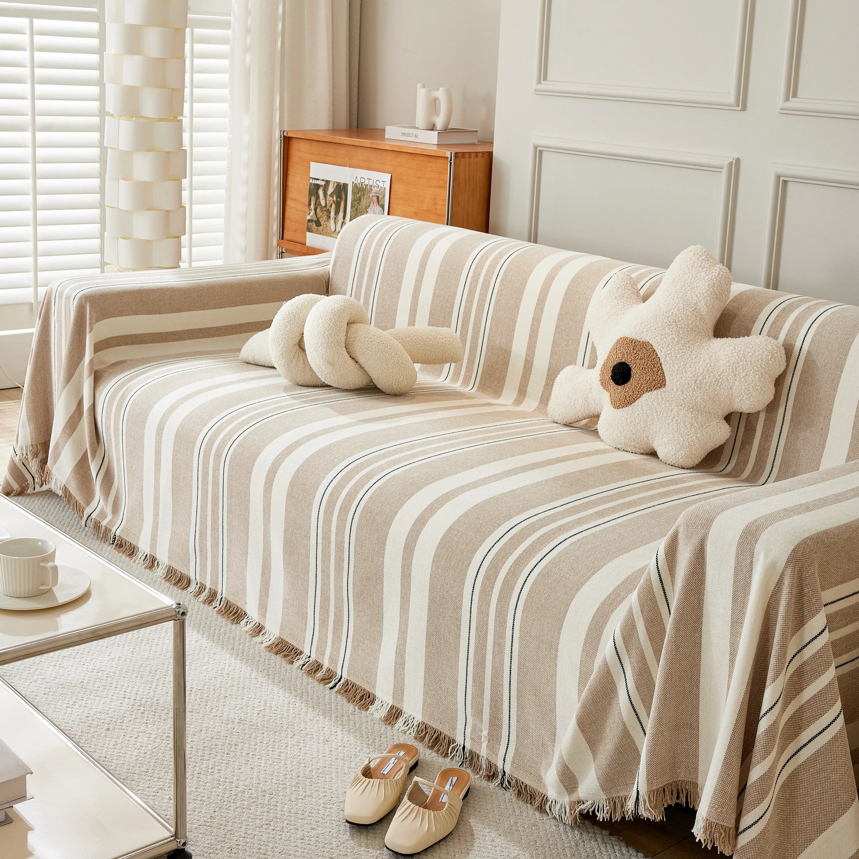 Striped Chenille Sofa Slipcover Throw, Soft Thick Washable Couch Cover Blanket